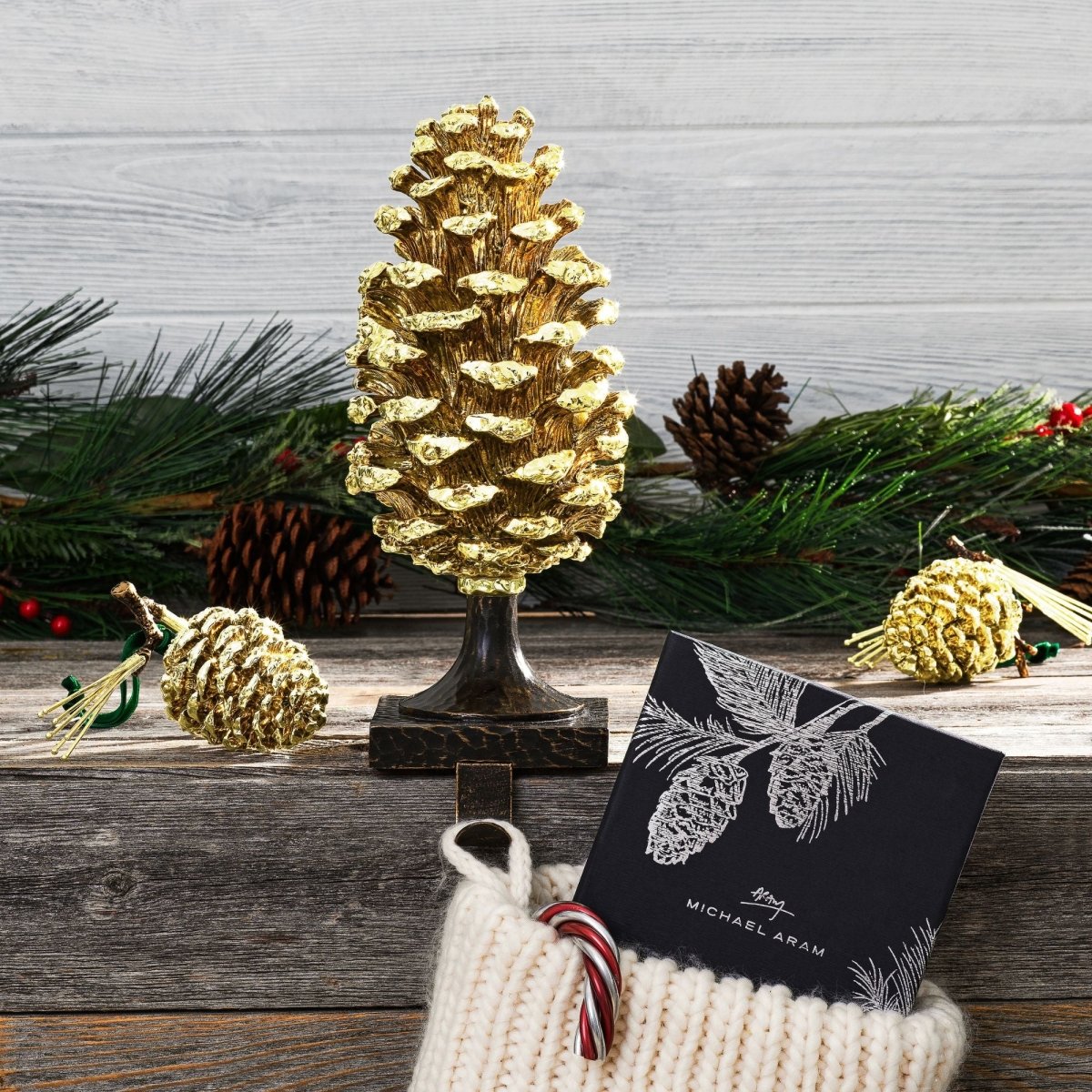 Festive Pine Cone Stocking Holder for Christmas - Rustic Holiday Decor for Fireplace Mantel and Home Decorations