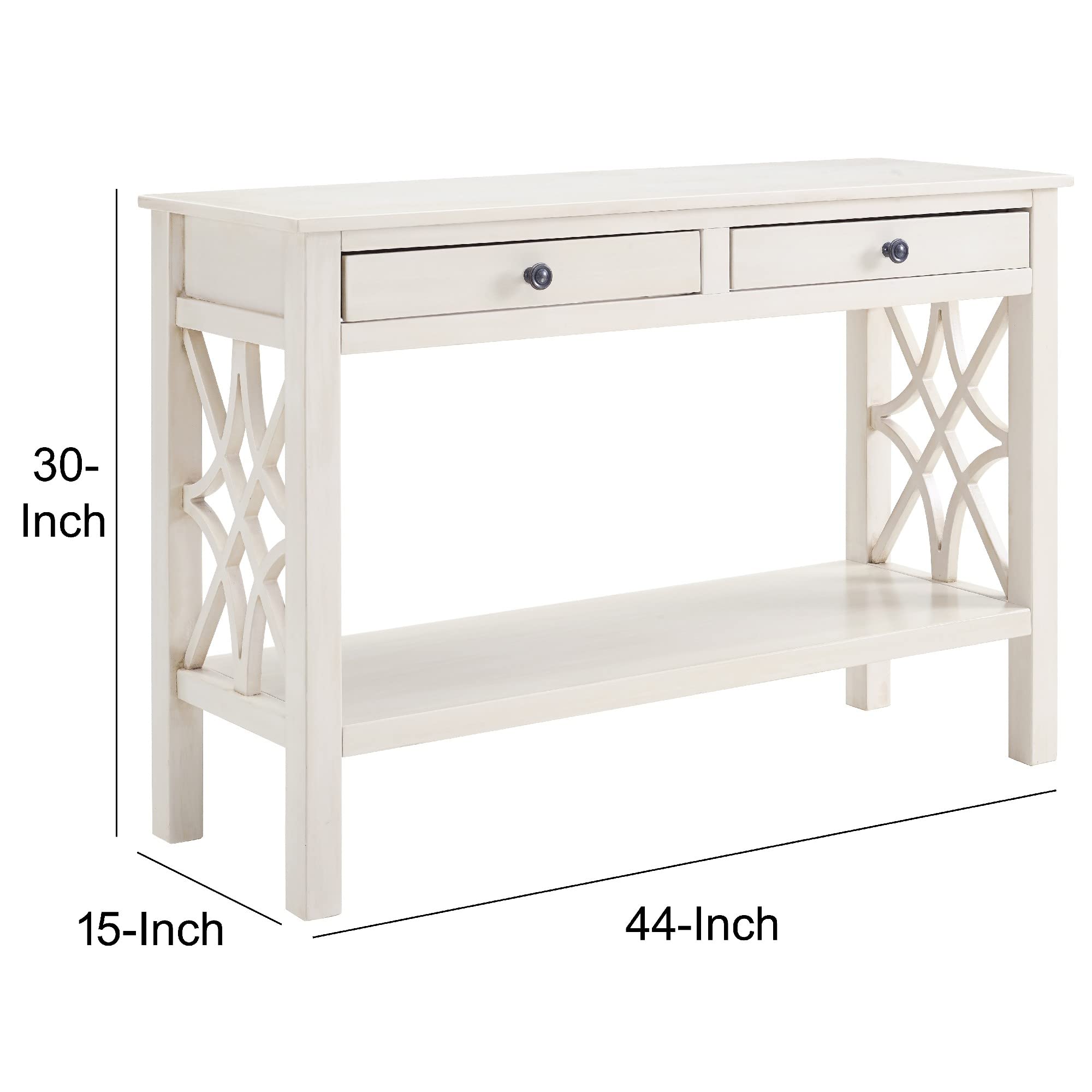 Benjara 2-Drawer Wooden Console Table with Geometric Side Panels - Antique White Finish Entryway Sofa Table for Hallway, Living Room & Bedroom Decor