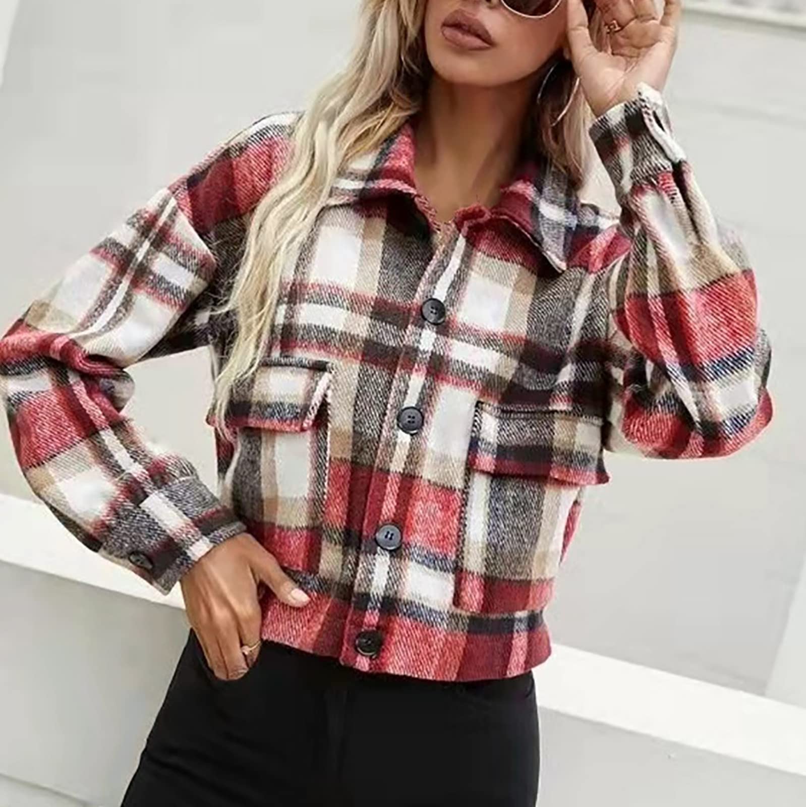 Women's Plaid Lapel Blouse - Stylish Long Sleeve Button Down Shirt with Crop Jacket Design for Spring & Fall | Casual Office Wear, Date Night Outfits & Everyday Fashion Outerwear