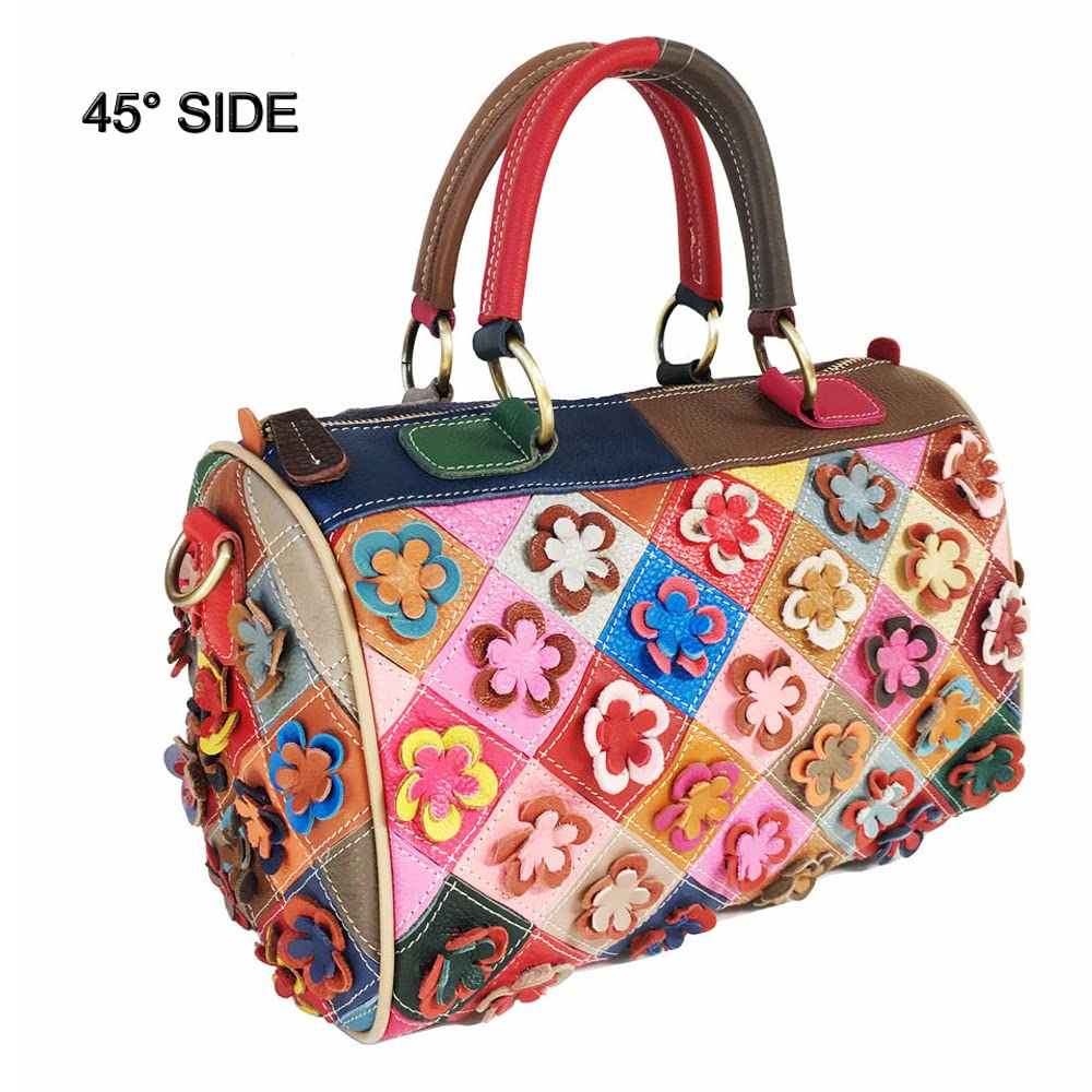 Genuine Leather Boston Bags for Women - 3D Floral Top Handle Handbag, Satchel Shoulder Crossbody Tote Purse | Work, Travel & Everyday Use