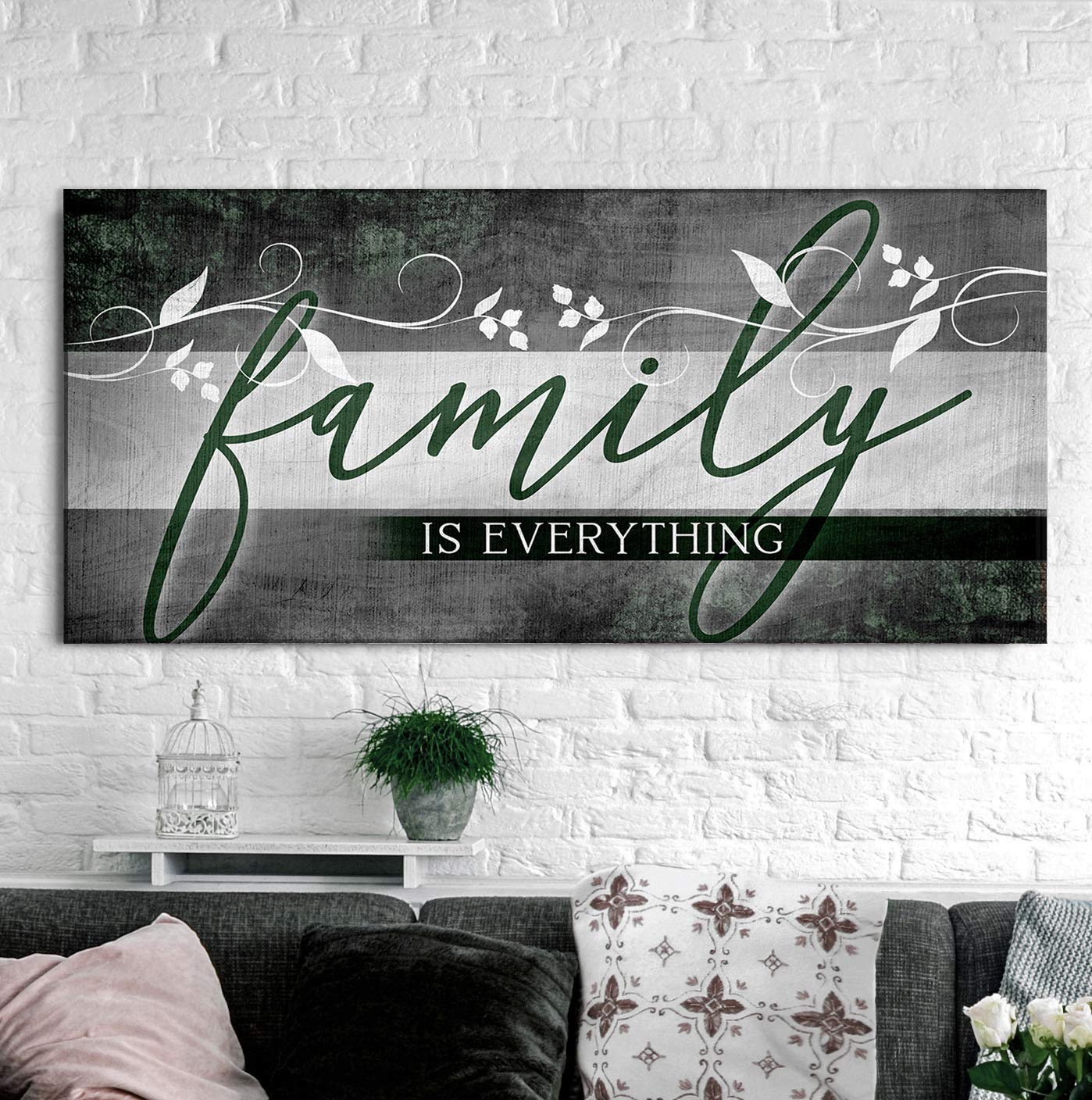 Family Is Everything Sign - Framed Wall Art Decor for Farmhouse, Living Room | Large Canvas Print 60x27 Inch | Perfect Housewarming Gift & Home Decoration (Green)