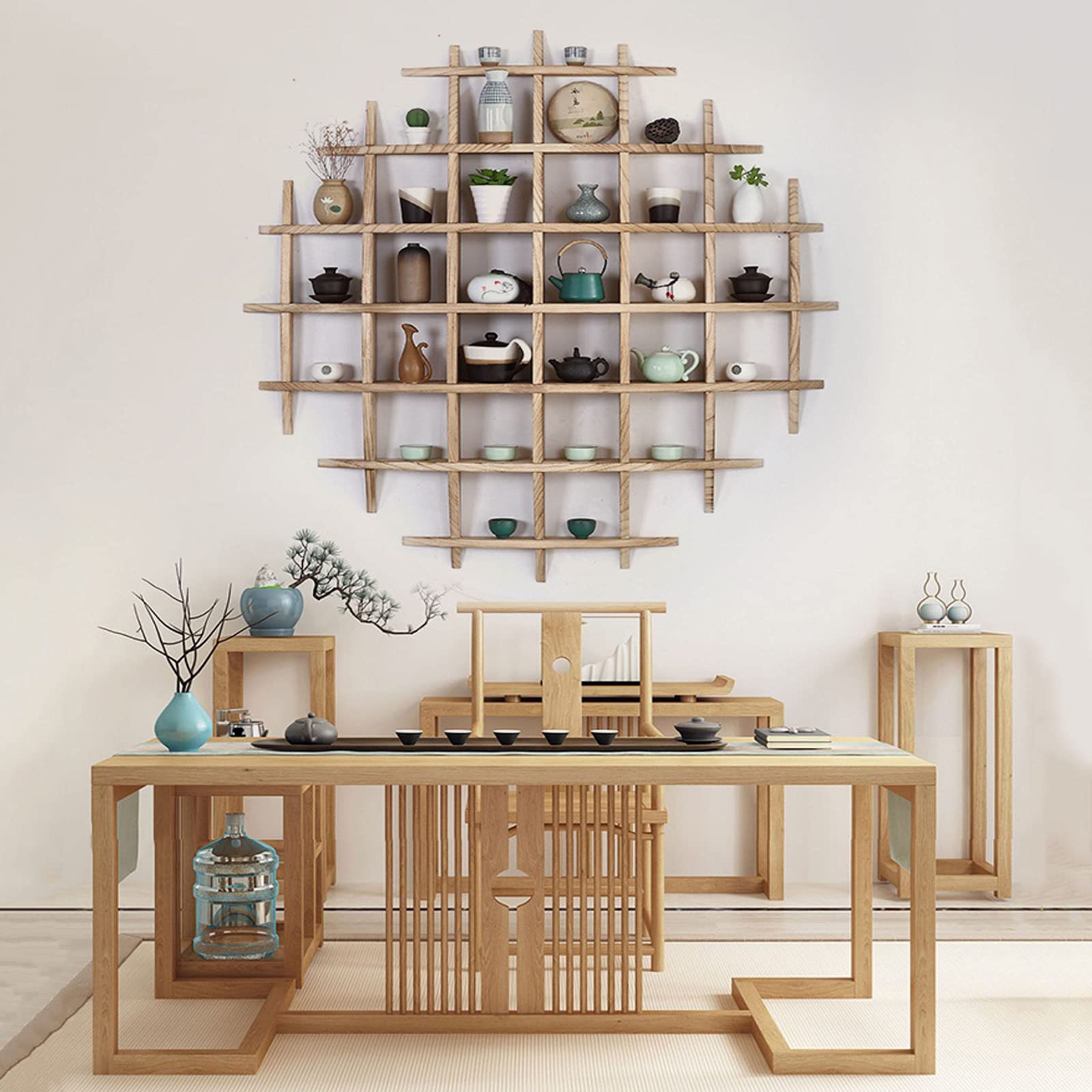 Round Wooden Display Shelf for Collectibles & Home Decor - 100x100cm Wall Mounted Curio Shelf for Ornaments, Jade, Antiques & Tea Sets - Perfect for Living Room, Bedroom & Office Display