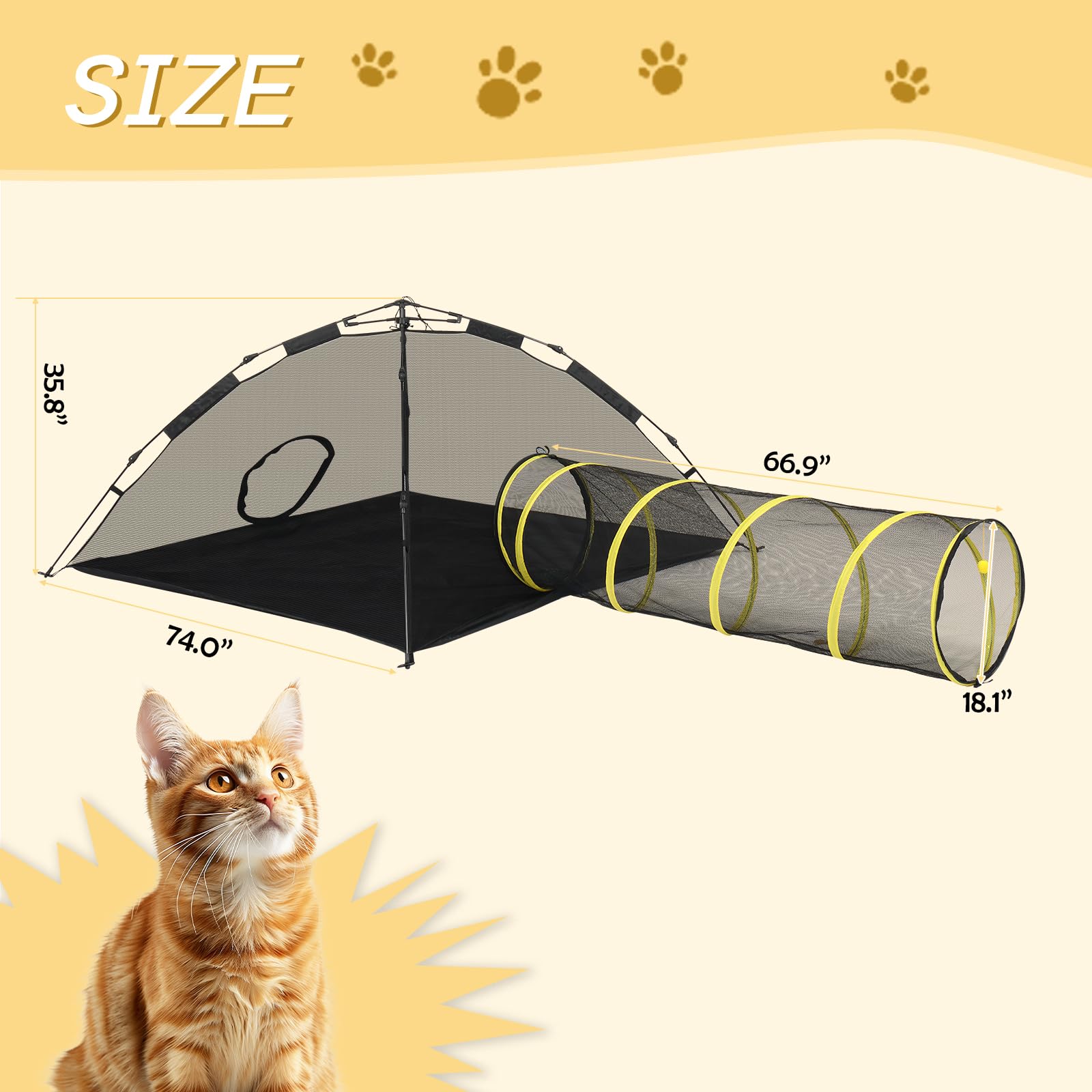 Portable Cat Play Tent with Tunnel for Indoor & Outdoor Use - Enclosed Playhouse for Cats, Rabbits & Small Pets (Yellow) | Perfect for Backyard, Camping & Travel Adventures