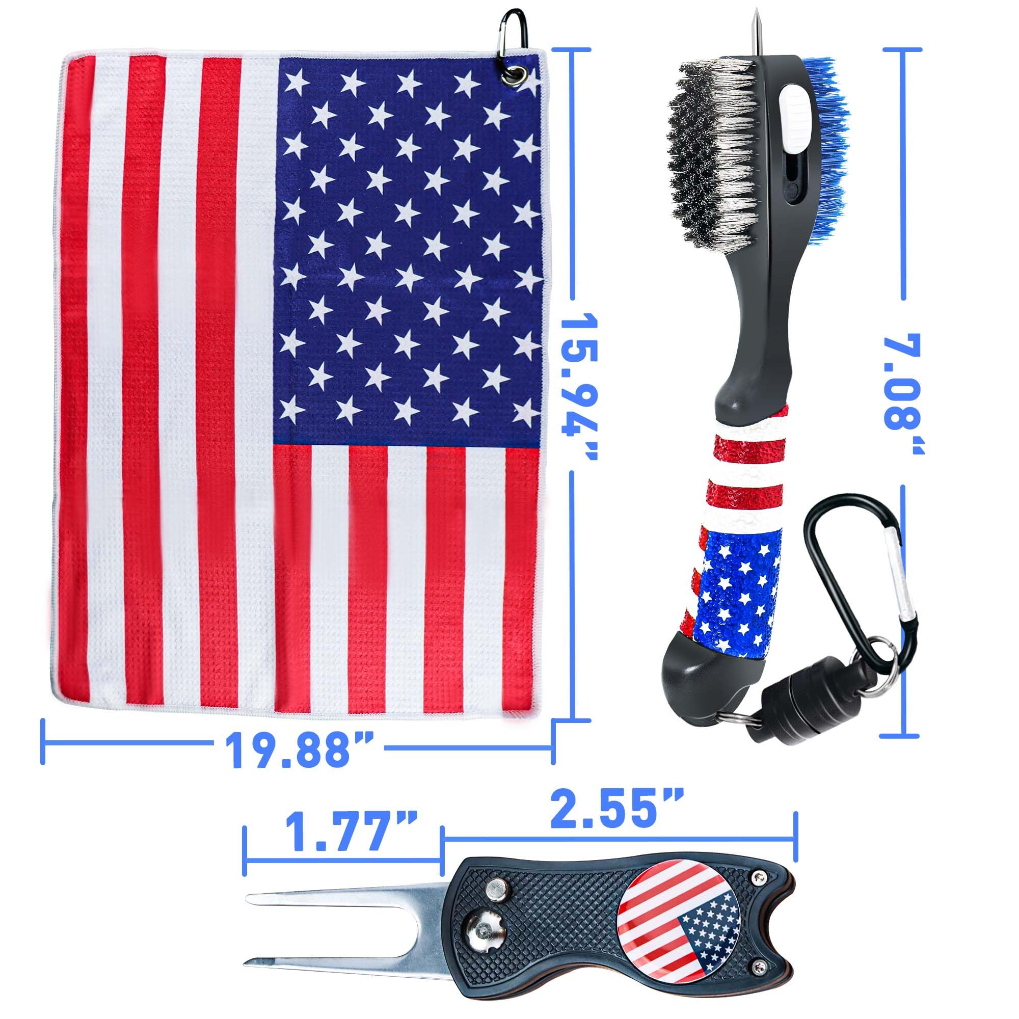 Premium Golf Club Brush & American Flag Golf Towel Set - Magnetic Golf Groove Cleaner Kit with Strong Magnet Stick for Golf Clubs & Bags | Perfect for On-Course Cleaning & Club Maintenance