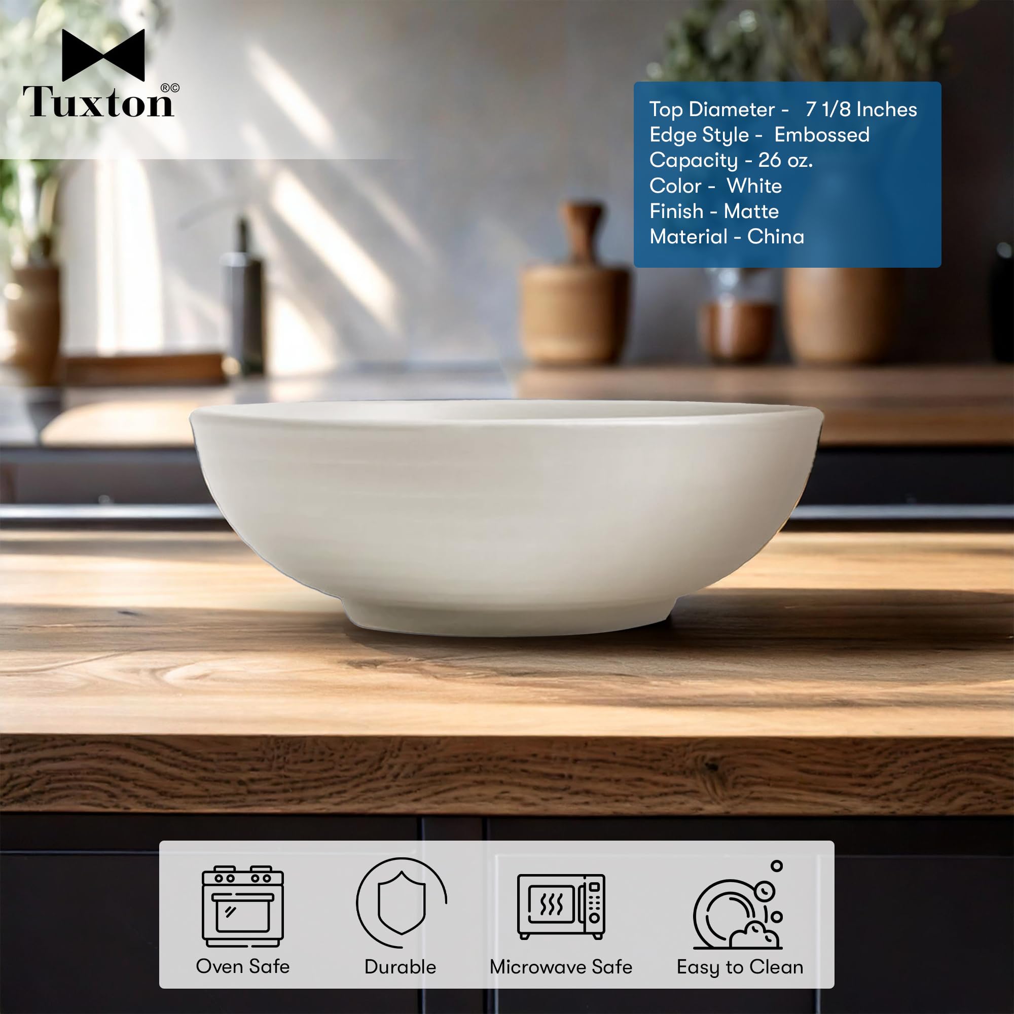 Tuxton Zion Matte White Embossed Solid Color Coupe 26-Oz Bowl (Set of 12) - Scratch & Chip Resistant, Lead-Free, Dishwasher & Microwave Safe - Perfect for Restaurants, Catering & Home Dining