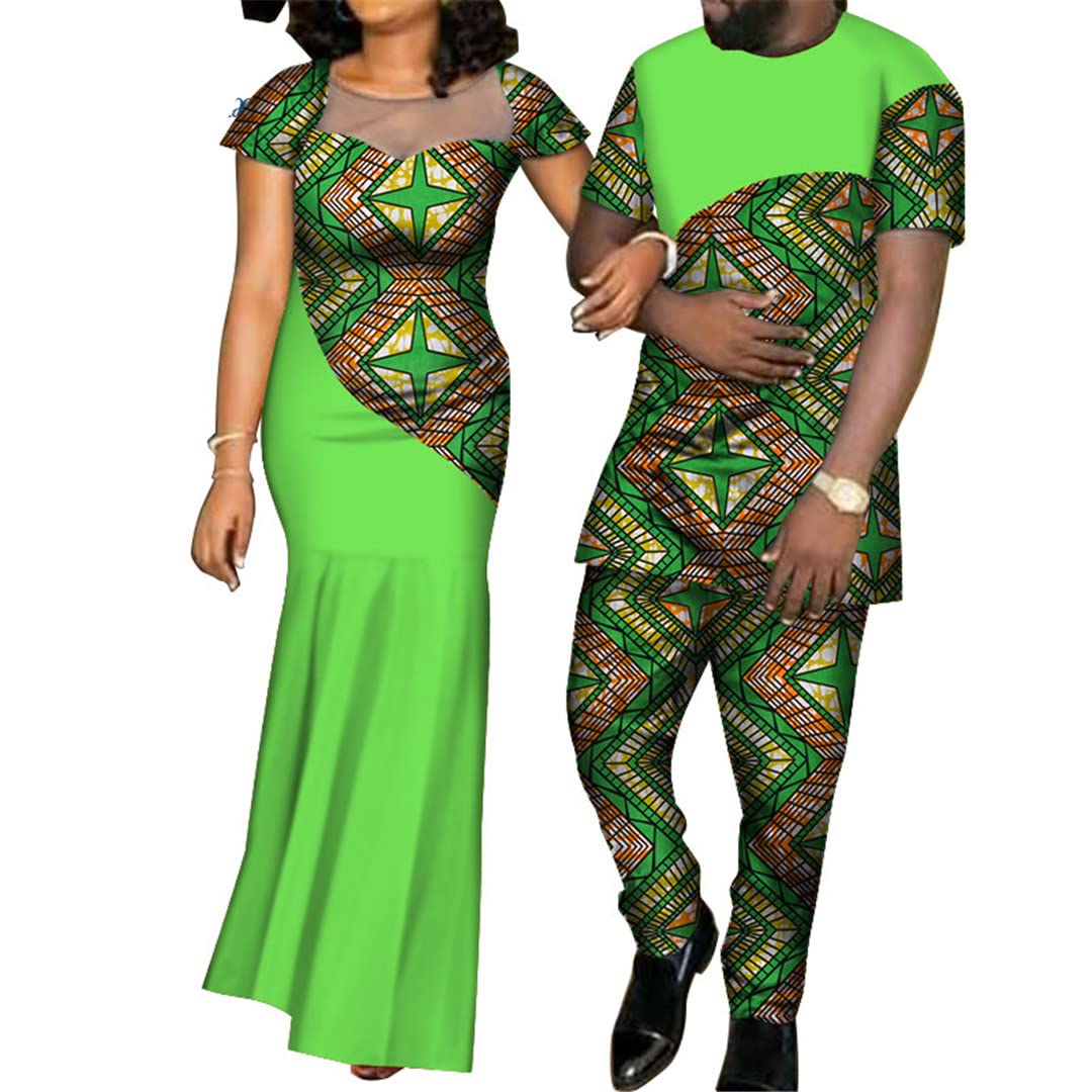 African Print Dresses for Women & Bazin Men's Shirt Pants Sets - Couple Matching Outfits with Yarn Dress Design (40FS1274, XXXL) for Weddings, Parties & Cultural Events