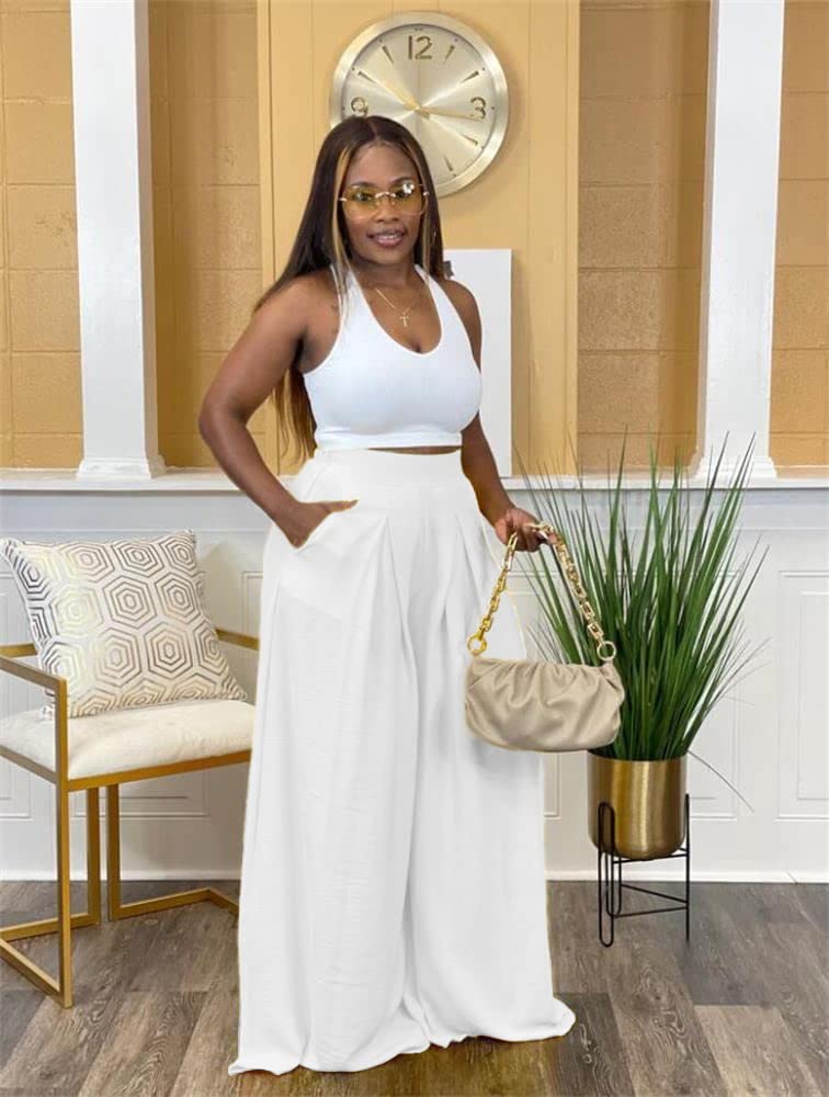 **Women's Flowy High Waisted Wide Leg Palazzo Pants - Casual Comfort with Pockets - Plus Size Available - Perfect for Yoga, Travel & Lounge Wear**