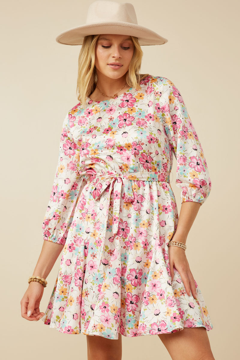 Elegant Satin Floral Print Long Sleeve Belted Flare Skirt Dress for Women - Perfect for Weddings, Parties & Special Occasions