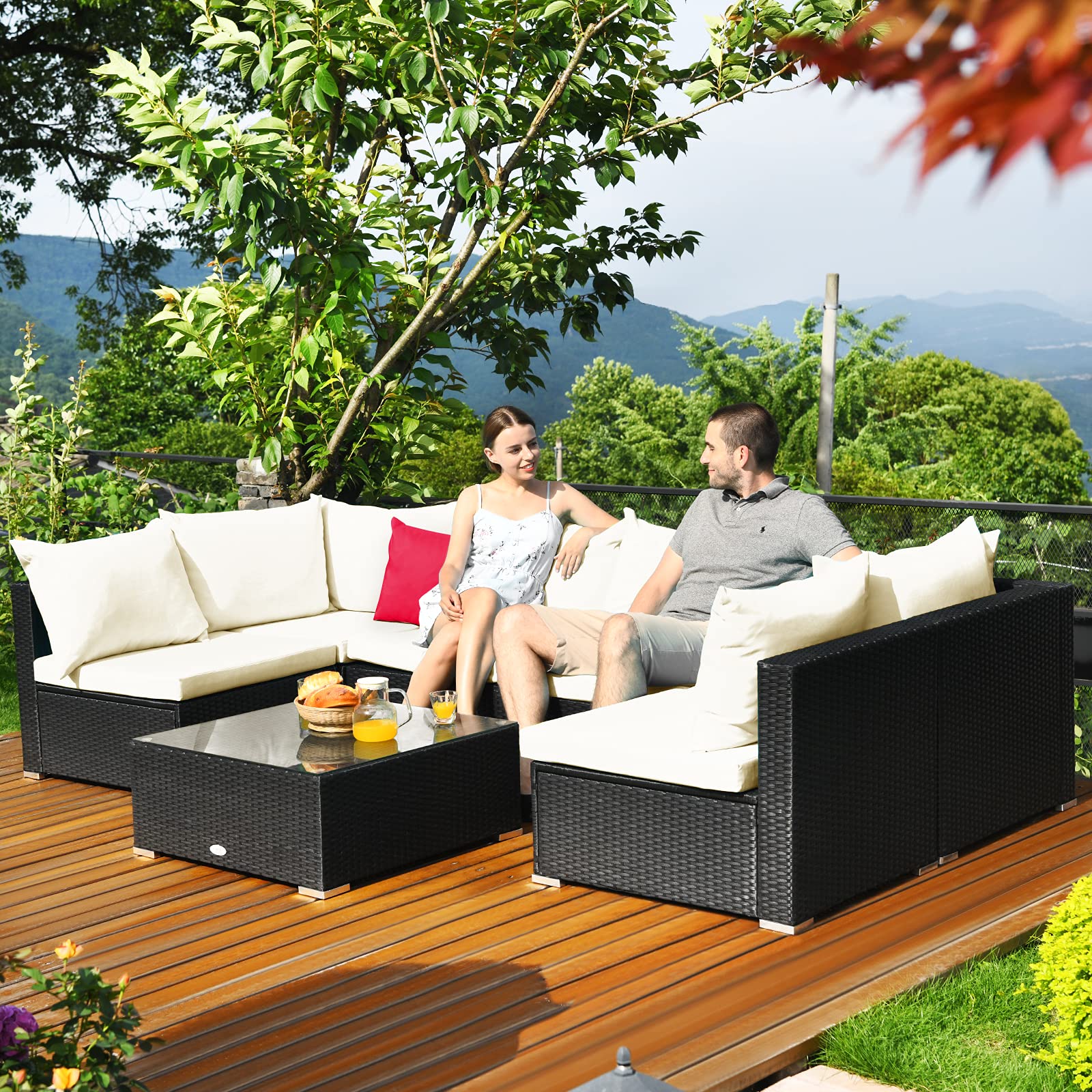 Tangkula 7-Piece Outdoor Patio Furniture Set - Beige Wicker Sectional Sofa with Pillows, Cushions, Coffee Table & Side Table for Garden, Lawn, Backyard & Poolside Relaxation