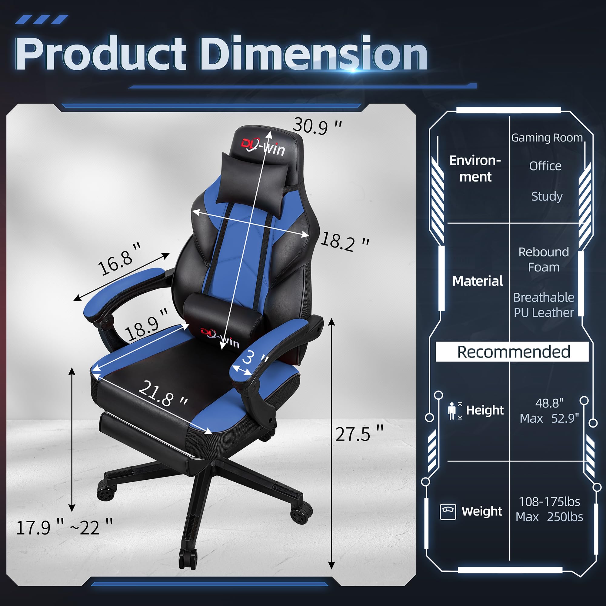 Ergonomic Gaming Chair for Adults - High Back Computer Chair with Footrest, Lumbar Massage & 360° Swivel - Adjustable Height Big & Tall Gamer Chair (Blue) - Perfect for Esports, Streaming & Home Office Setup