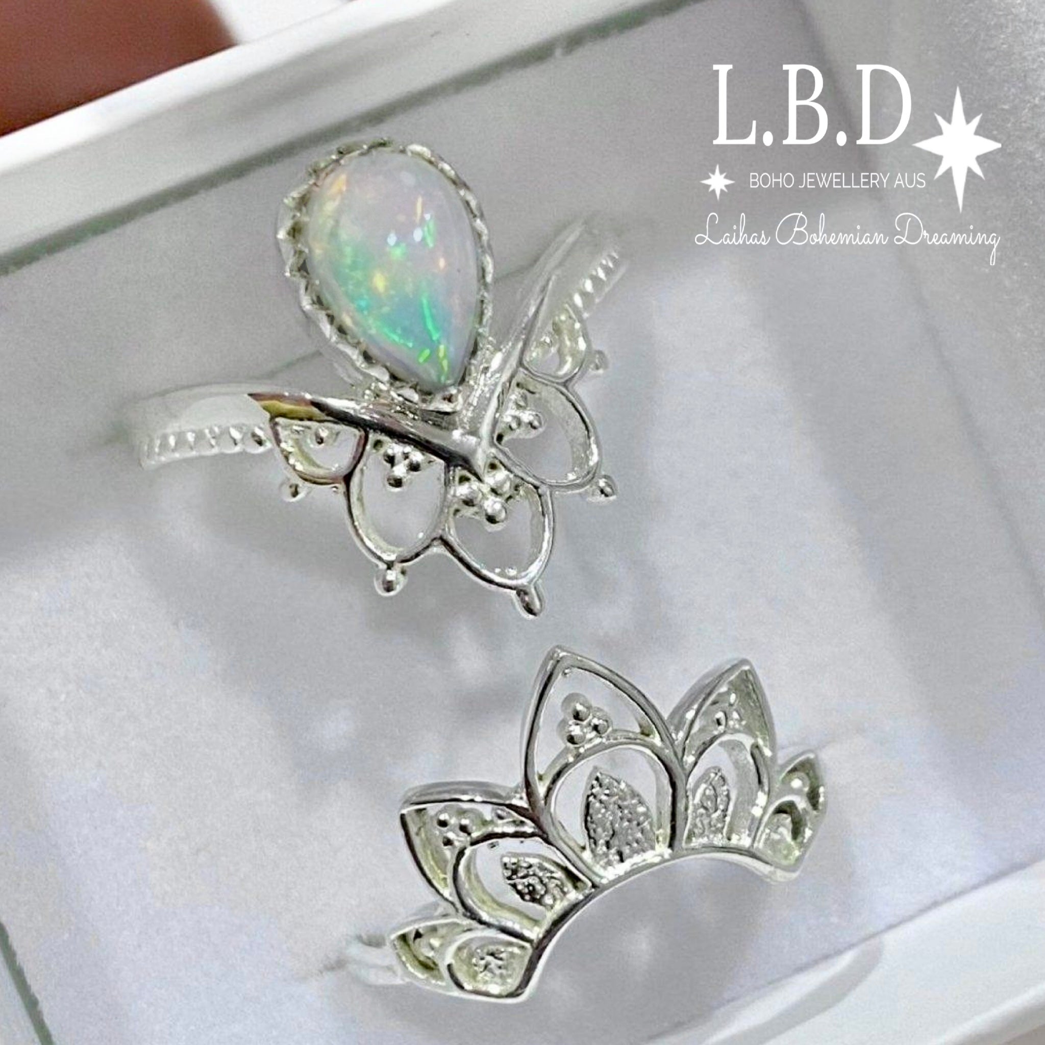 Laihas Daisly Boho Genuine Opal Ring Set for Women - Sterling Silver Stackable Rings - Handmade Bohemian Jewelry for Everyday Wear & Special Occasions