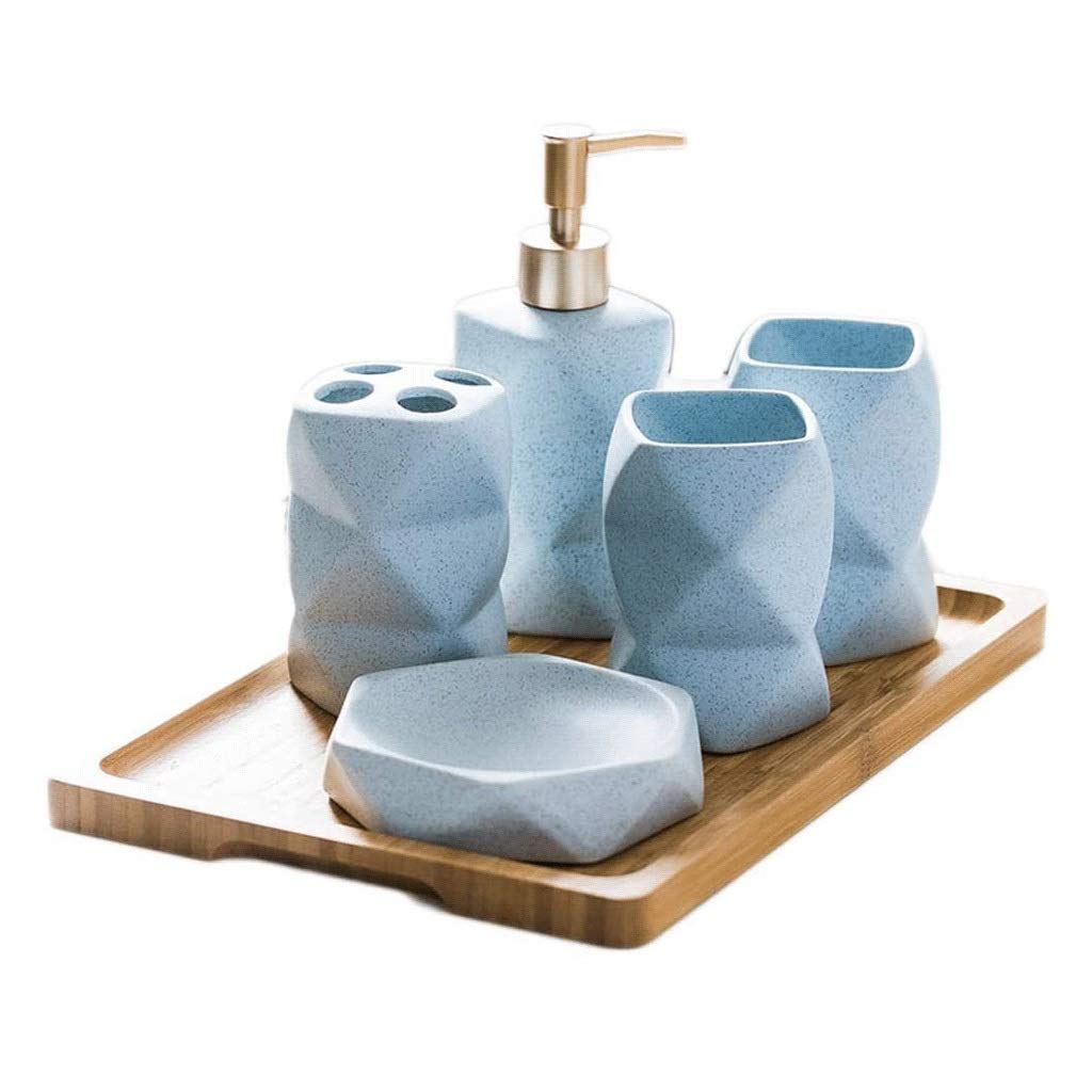 6-Piece Geometric Ceramic Soap Dispenser Set with Bamboo Tray - Includes Soap Bottle, Toothbrush Holder, Lotion Dispenser & Cups - Modern Bathroom Accessories for Home & Spa (Blue)