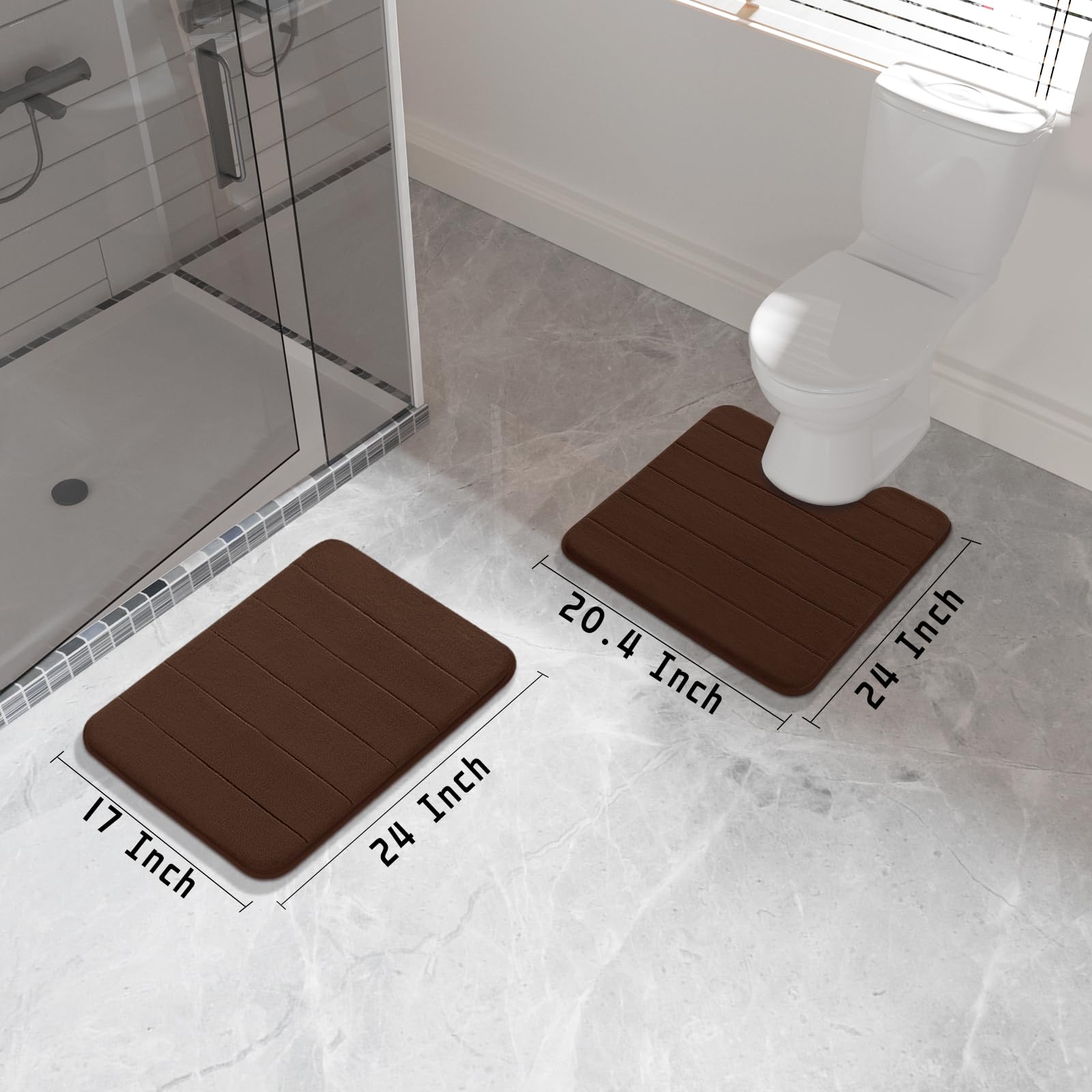 Yimobra 2-Piece Memory Foam Bath Mat Set - Ultra Soft Non-Slip Bathroom Rugs (17x24 & 24x20.4 Inches) - Quick-Dry Water Absorbent U-Shaped Toilet Mats for Bathroom Floor - Perfect for Showers, Bathtubs & Sink Areas - Brown