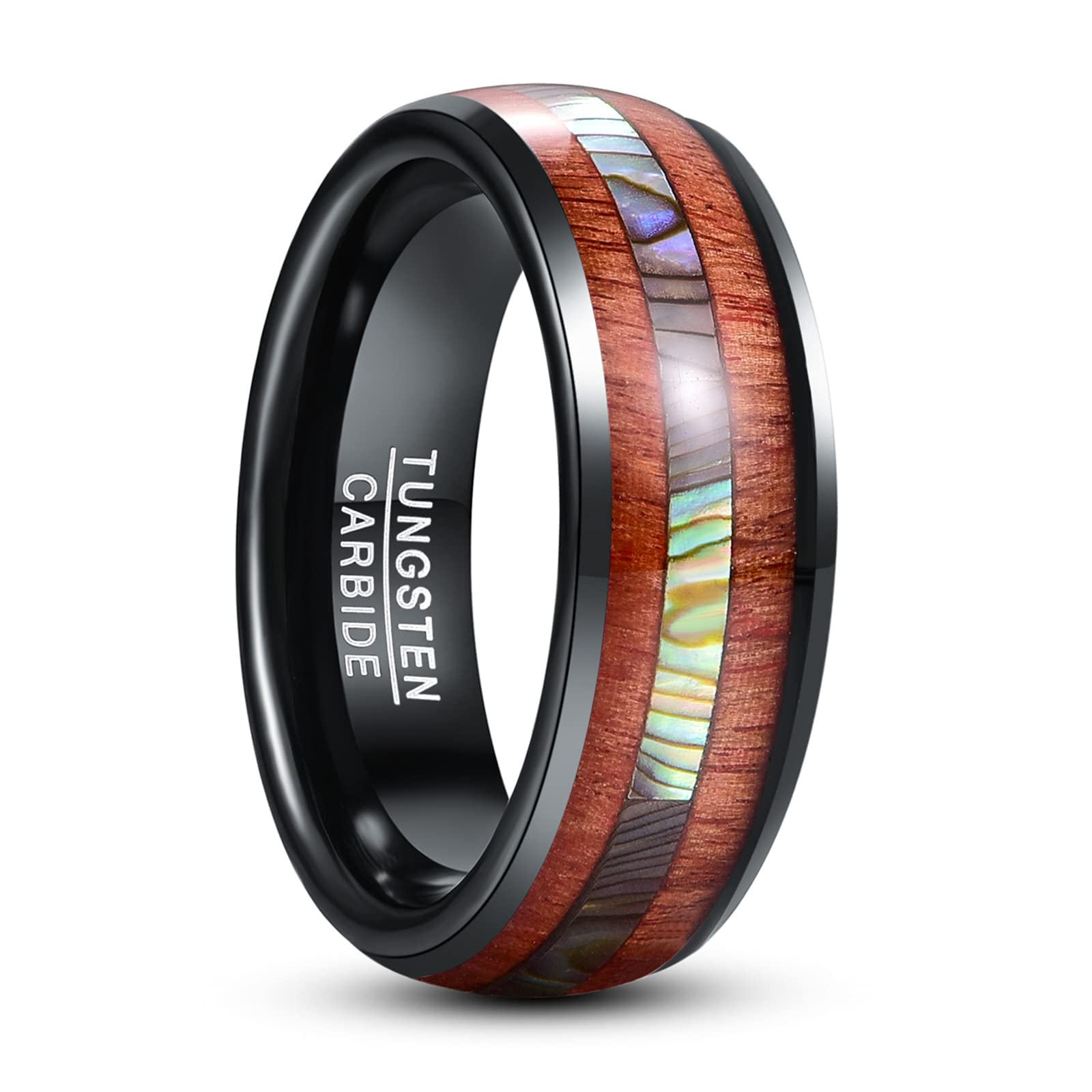 Premium Tungsten Wedding Bands for Men - Wood Inlay with Abalone Shell & Koa, Dome Style Comfort Fit Rings Size 6-14 - Ideal for Engagement, Promise & Anniversary Gifts (Perfect for Outdoor Weddings & Daily Wear)