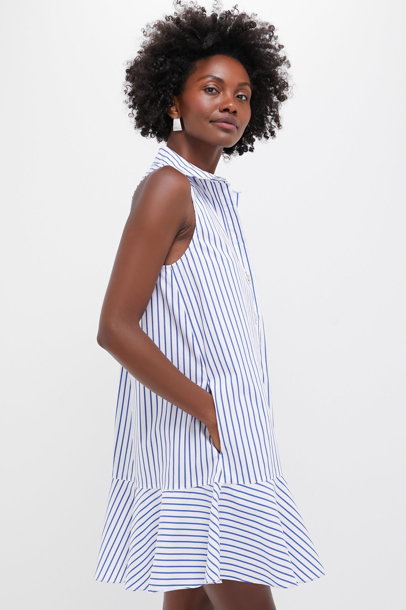 Blue Stripe Sleeveless Callahan Shirt Dress for Women | Summer Casual Wear & Beach Cover Up | Flowy Comfortable Midi Dress