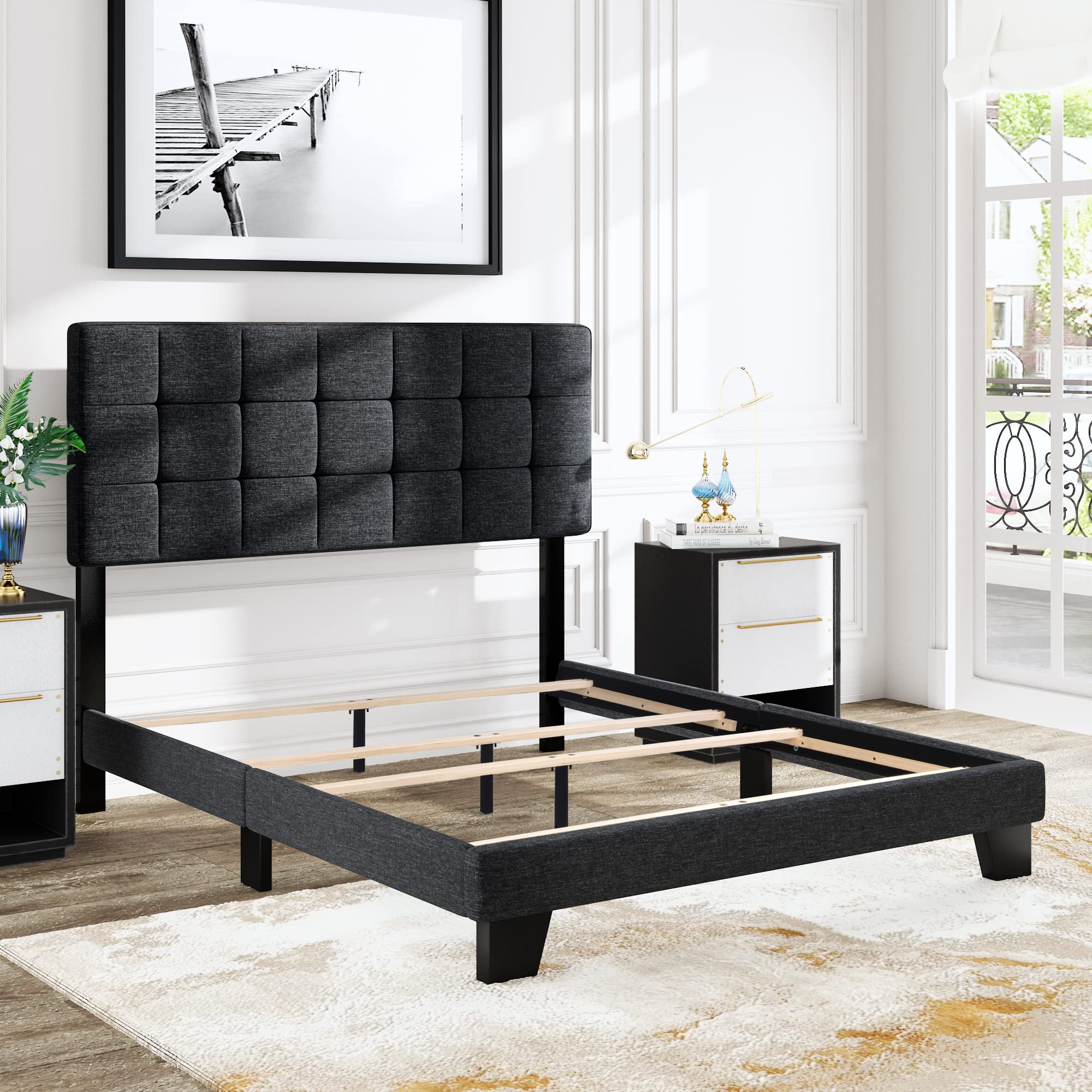 Allewie Queen Size Panel Bed Frame with Adjustable Upholstered Headboard - Dark Grey Fabric Platform Bed for Adults, No Box Spring Needed | Perfect for Master Bedroom, Guest Room & Apartment