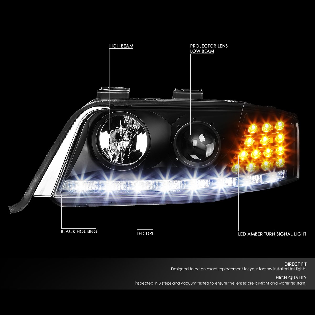 Auto Dynasty LED DRL Signal Projector Black Headlight Lamps with Tool Kit - Compatible with Audi A6/A6 Quattro C5 1998-2001 Models | Upgrade for Enhanced Visibility & Style | Perfect for Night Driving & Car Customization