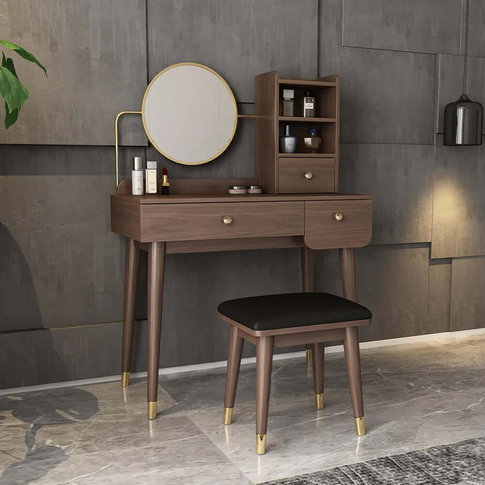 Ultic 2-Piece Minimalist Makeup Vanity Set with Mirror & Stool - Walnut Finish | Perfect for Bedroom, Dressing Room & Small Space Organization