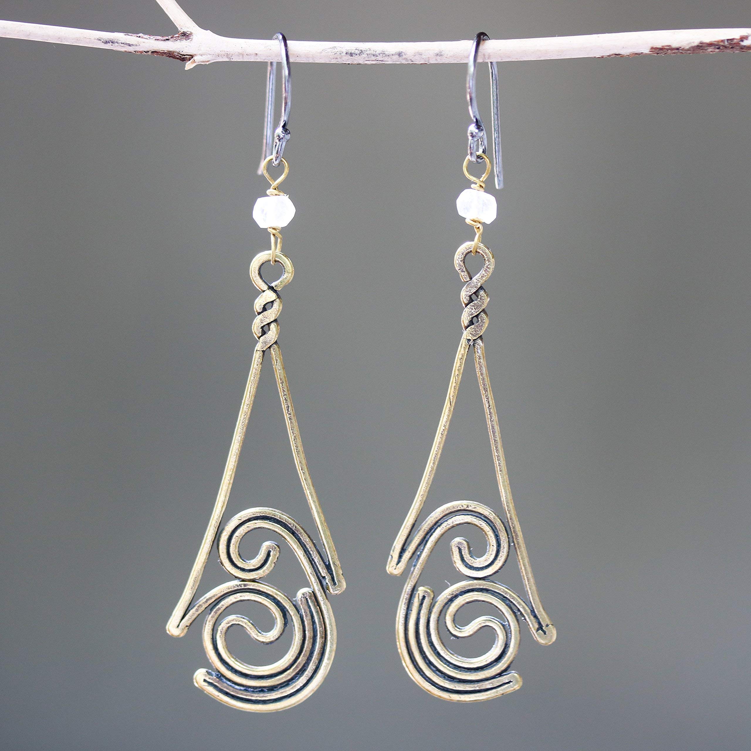 Oxidized Sterling Silver Spiral Teardrop Brass Earrings with Moonstone – Elegant Boho Jewelry for Women, Perfect for Parties, Weddings & Everyday Wear