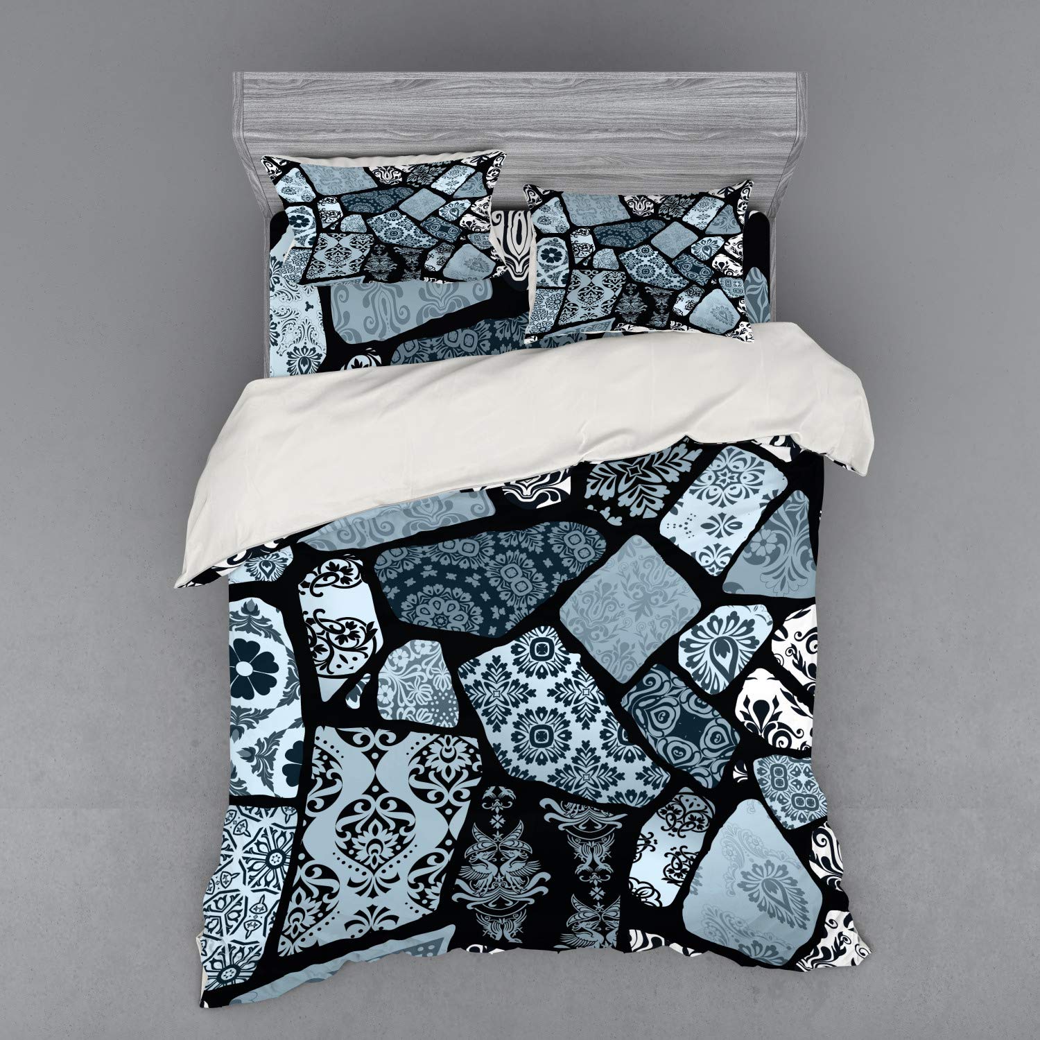 Ambesonne Floral Bedding Set 4-Piece Queen - Modern Geometric Print Duvet Cover with Pillow Shams & Fitted Sheet in Blue Grey Black White - Bohemian Chic Bedroom Decor for Guest Rooms & Master Suites