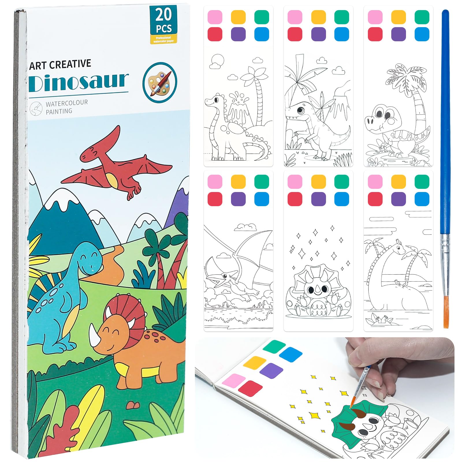 TWWDE AUG Watercolor Coloring Book for Kids Ages 4-8 - Paint with Water Activity Book for Toddlers, Mini Dinosaurs Theme | Fun Learning & Travel Entertainment for Preschoolers