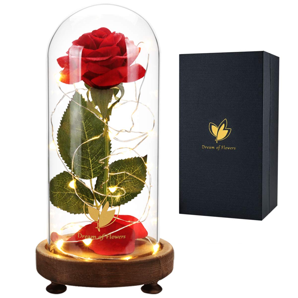 Beauty and The Beast Rose Kit - Red Silk Rose with Warm White LED Lights, Forever Lasting Romantic Gift for Couples, Her, Girlfriend, Wife, Mom - Unique Anniversary Wedding Present - Perfect for Valentine's Day, Proposals, Home Decor