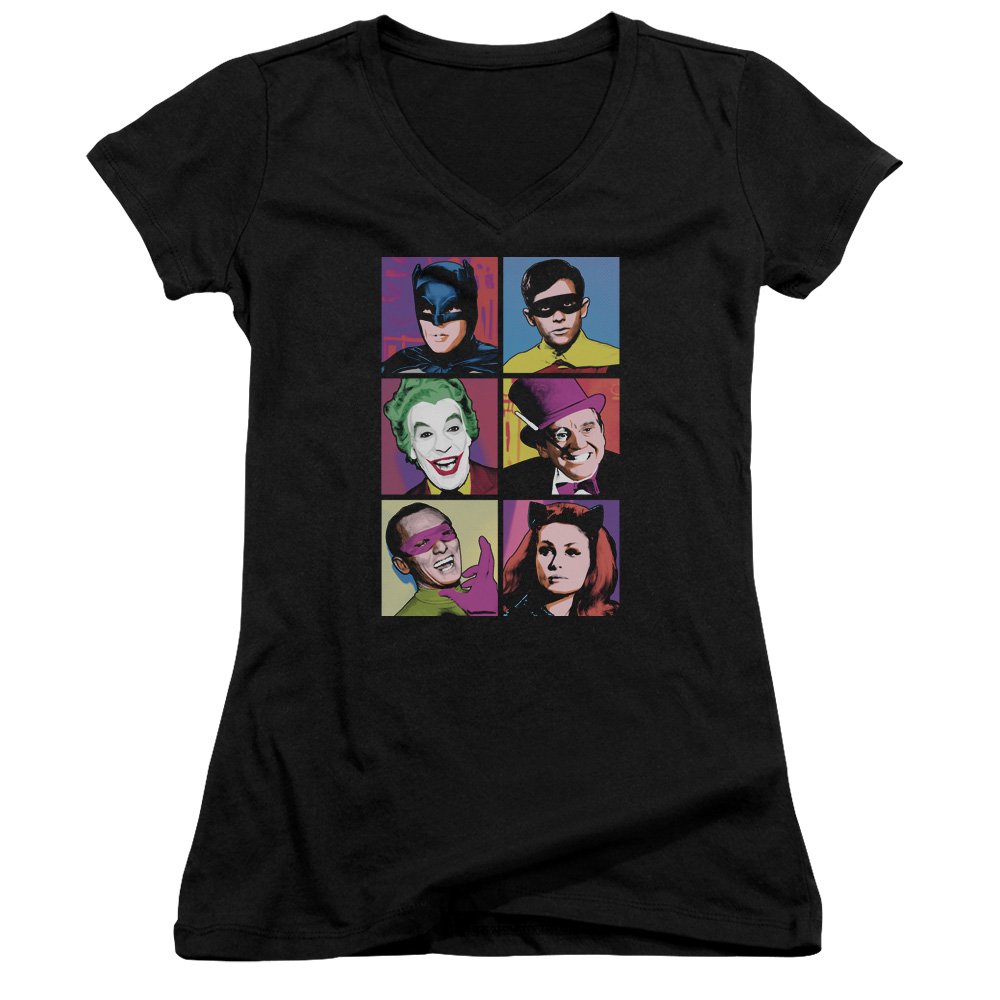 Batman Classic TV Pop Cast Juniors' Sheer Fitted V-Neck T-Shirt | Superhero Graphic Tee for Kids & Teens | Perfect for Cosplay, Comic Con & Casual Wear