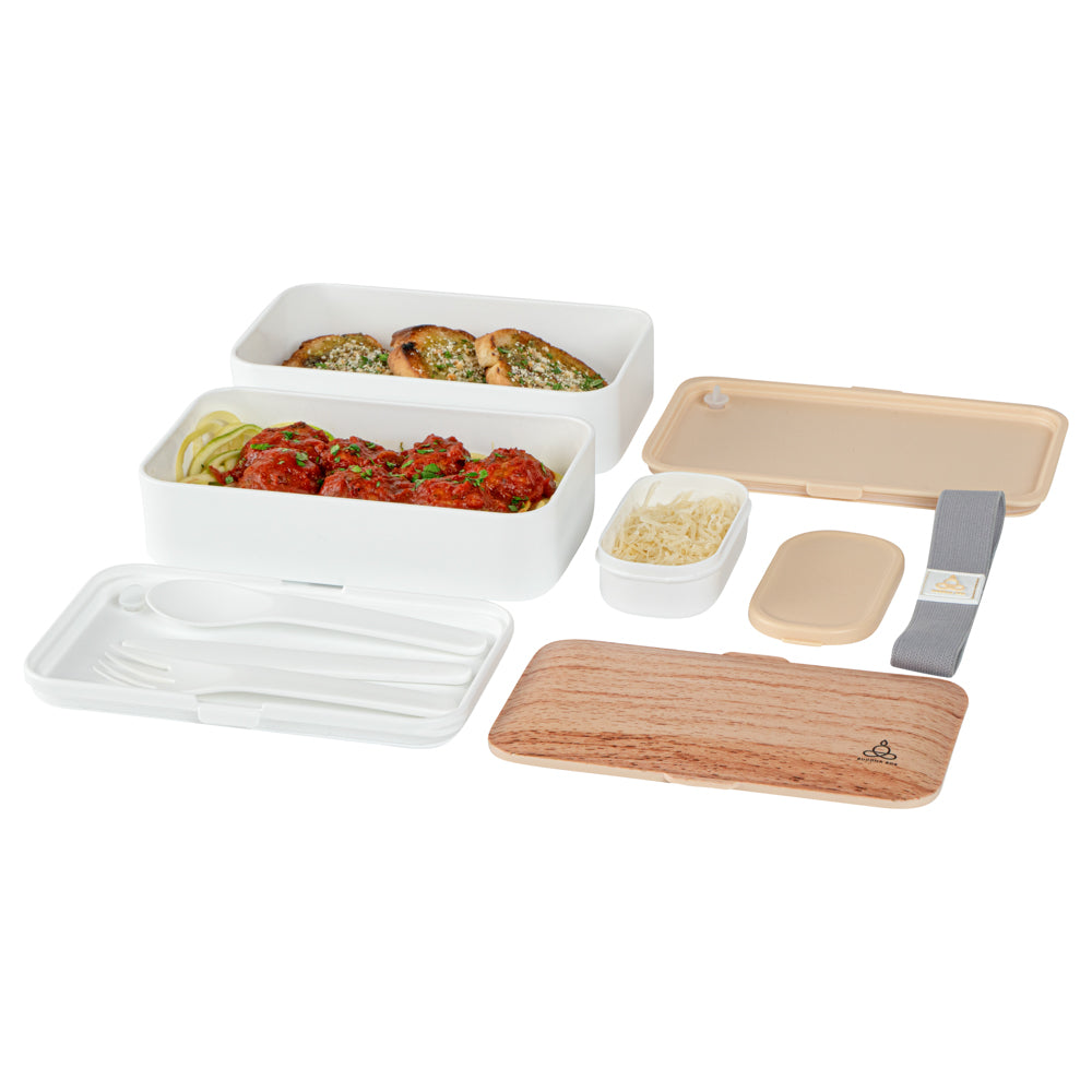 Bento Tek 41 oz Wood Grain & White Buddha Lunch Box with Utensils & Sauce Cup - All-in-One Meal Prep Container (7.25