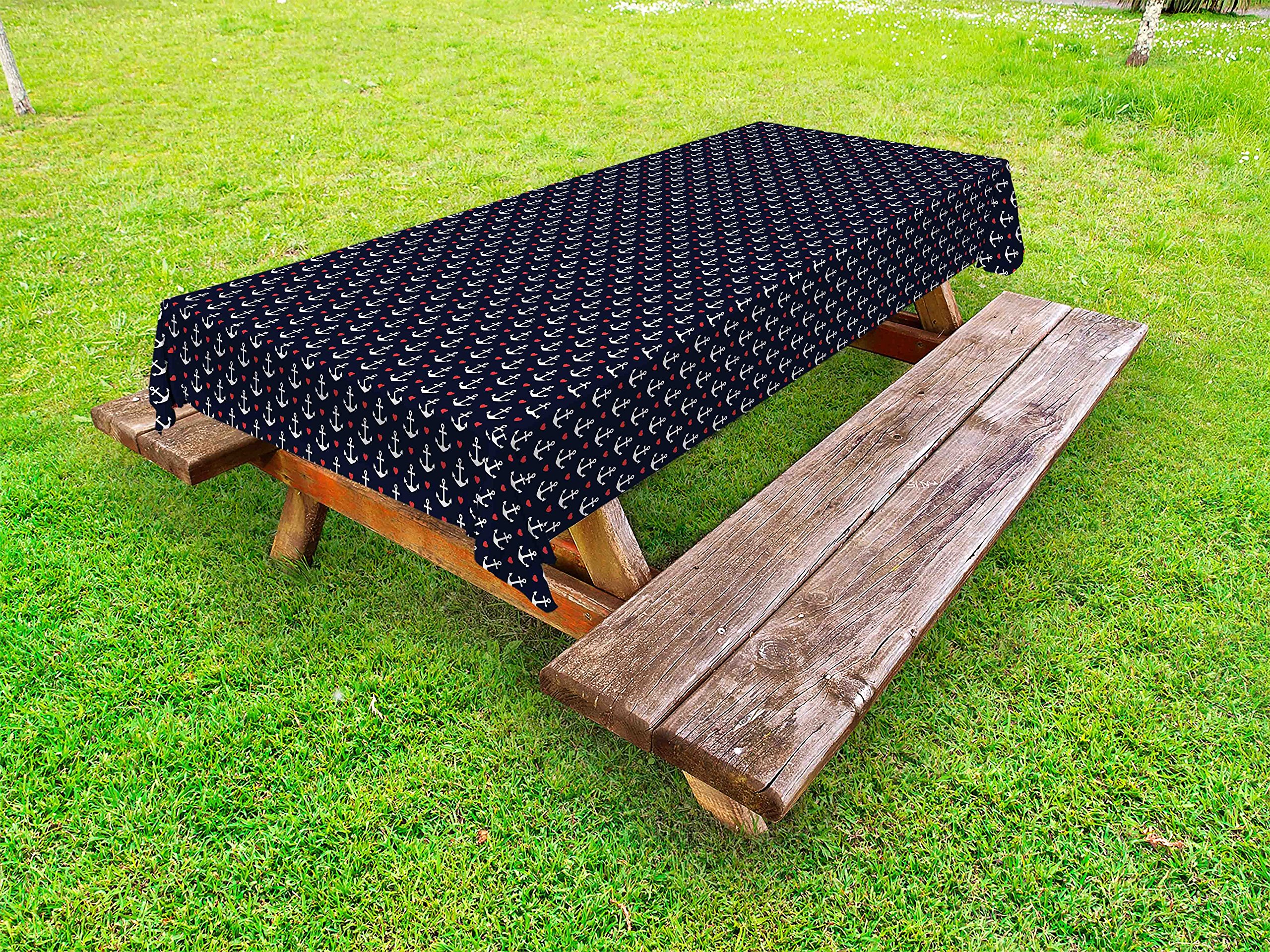 Ambesonne Anchor Outdoor Tablecloth - Small White Anchors & Red Hearts Design, Romantic Vacation Theme, Washable Picnic Table Cover 58x104 Inches, Black White Red - Perfect for Beach Parties, BBQs, and Outdoor Dining
