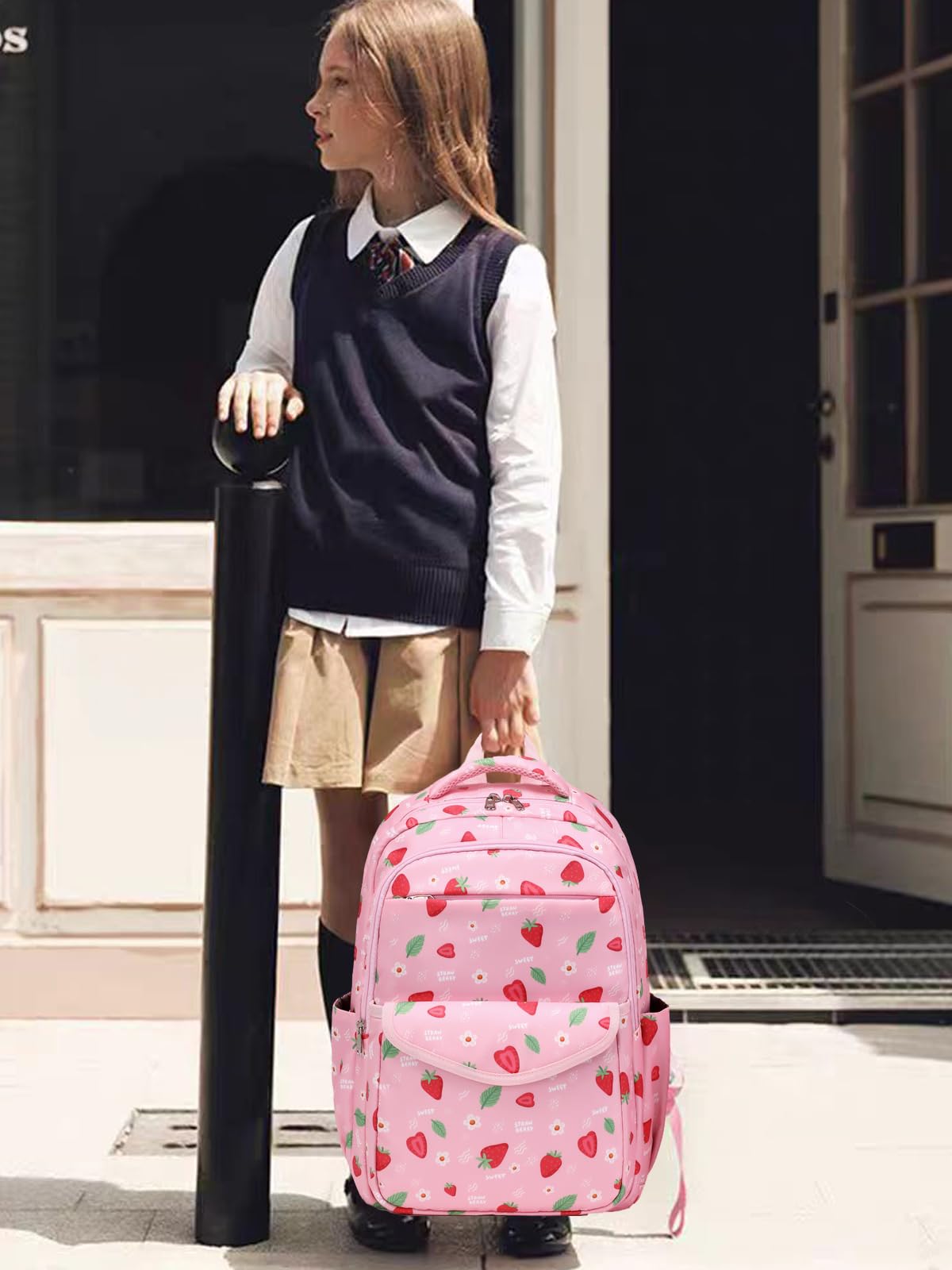**Stylish Pink Strawberry Girls Backpack for Elementary & Middle School - Lightweight Book Bag with Lunch Box - Perfect for School, Travel & Daily Use**