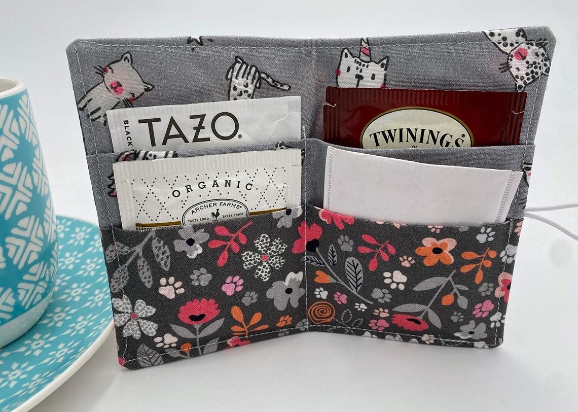 Floral Kitty Gray Tea Bag Organizer Wallet Case - Portable Storage for Tea Bags, Perfect for Travel, Office & Home Use
