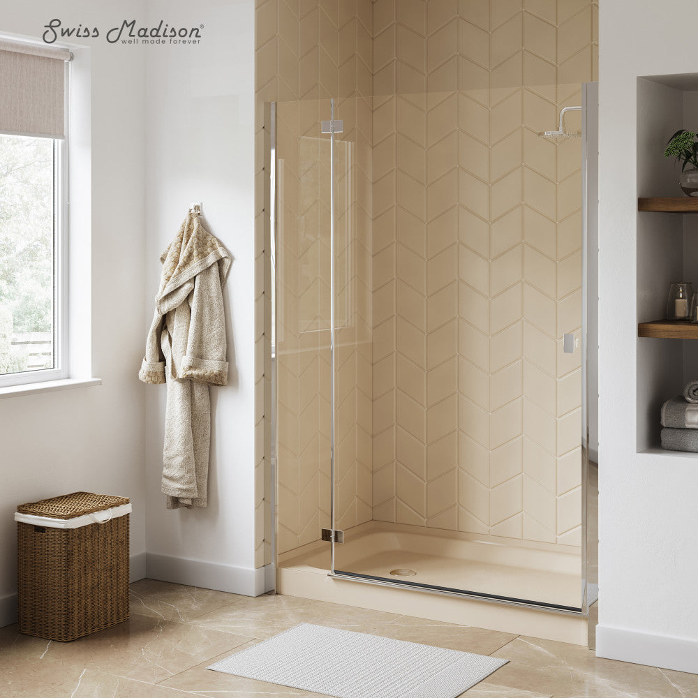 Voltaire 60 x 36 Inch Single Threshold Shower Base with Left Hand Drain in Biscuit Color - Perfect for Bathroom Remodeling and Modern Shower Installations