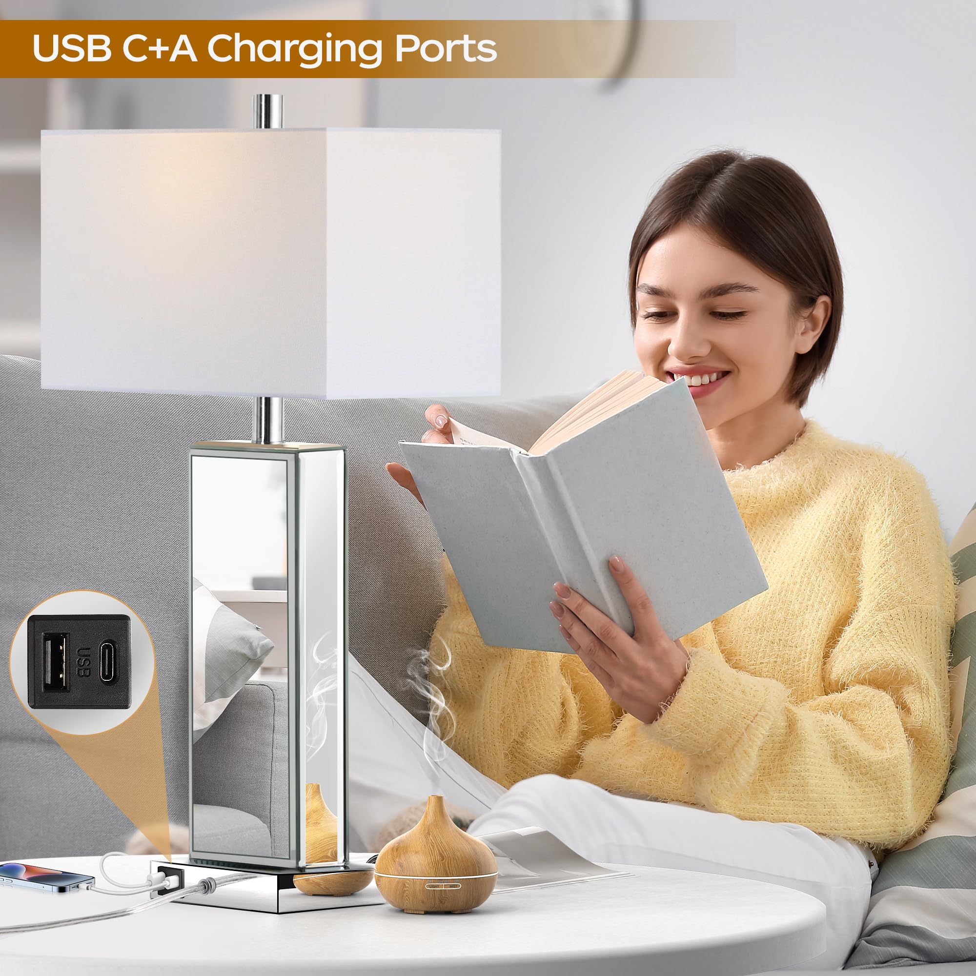Modern Touch Control Table Lamp Set of 2 - Silver Mirror Diamond Crystal USB C/A Bedside Lamps, 3-Way Dimmable with White Fabric Shade for Living Room, Bedroom, Office & Nightstand Decor | Perfect for Reading, Relaxing & Ambient Lighting