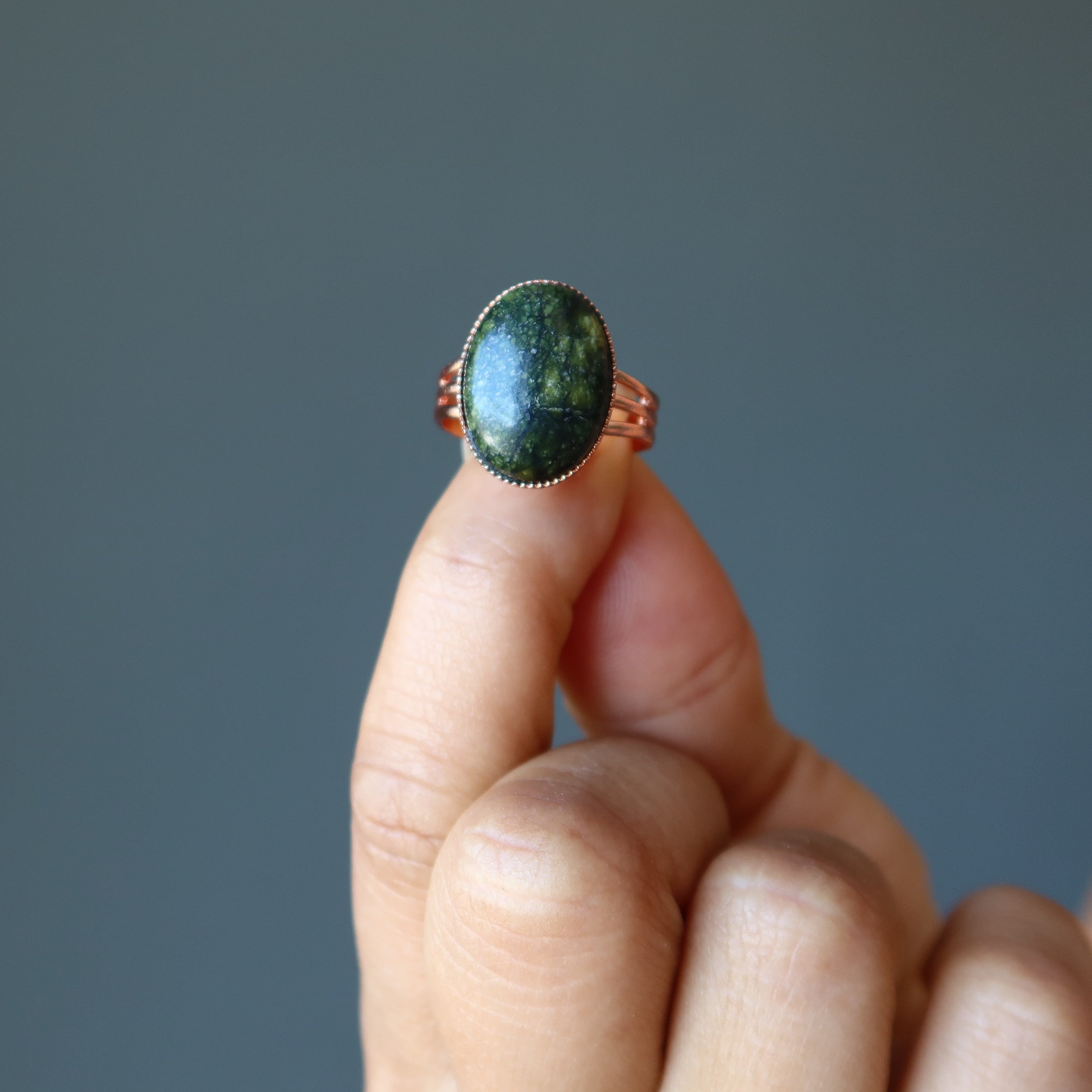 Green Serpentine Stone Adjustable Copper Snake Ring for Women - Boho Witchy Jewelry for Halloween, Cosplay & Spiritual Healing
