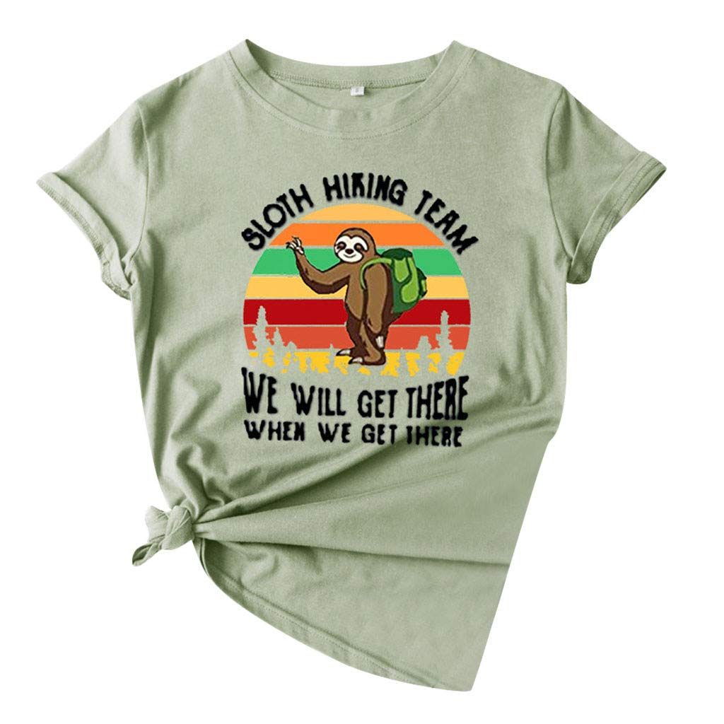 Funny Sloth Hiking Team Graphic T-Shirt for Women - Cute Short Sleeve Summer Top - Perfect for Outdoor Adventures & Casual Wear