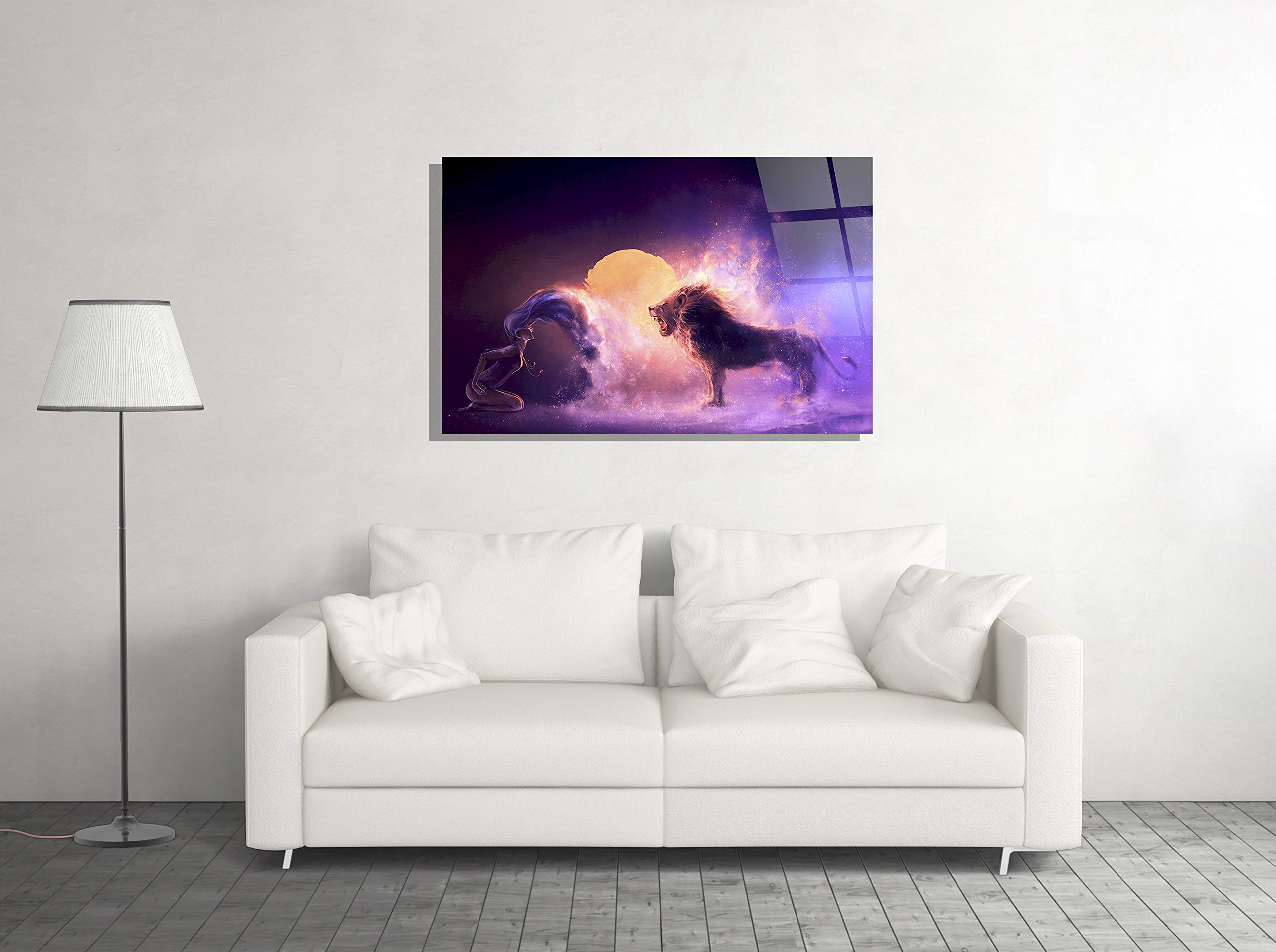 Lion And Girl Wild Animal Fantasy Digital Photo Print - Tempered Glass Canvas Wall Art - Modern Home, Office & Hotel Decor - Unique Gift Idea (24x36) - Perfect for Living Room, Bedroom or Workspace