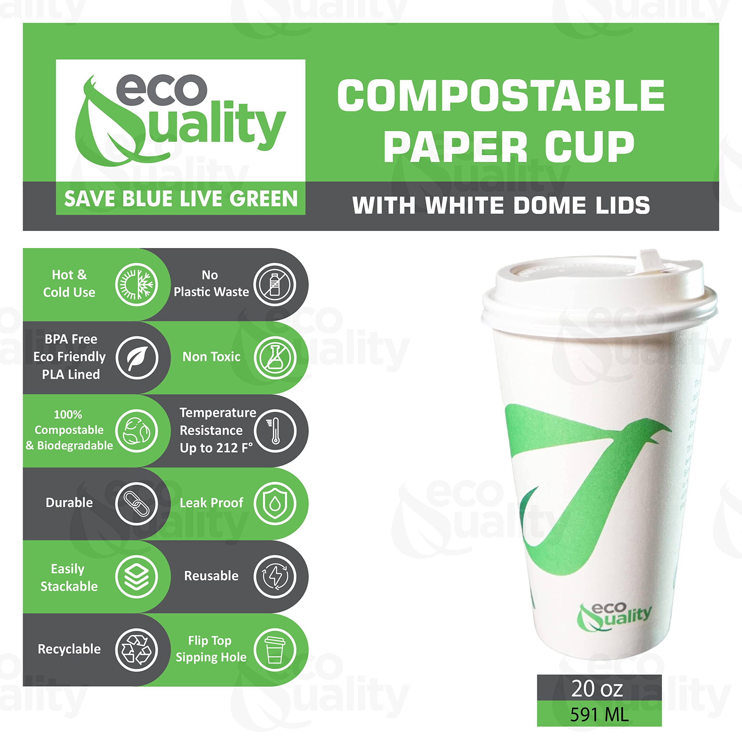 20 oz Biodegradable Paper Coffee Cups with White Dome Lids - PLA Lined Compostable Disposable Cups for Hot & Cold Drinks (400 Pack) - Perfect for Coffee Shops, Offices, and Eco-Friendly Events