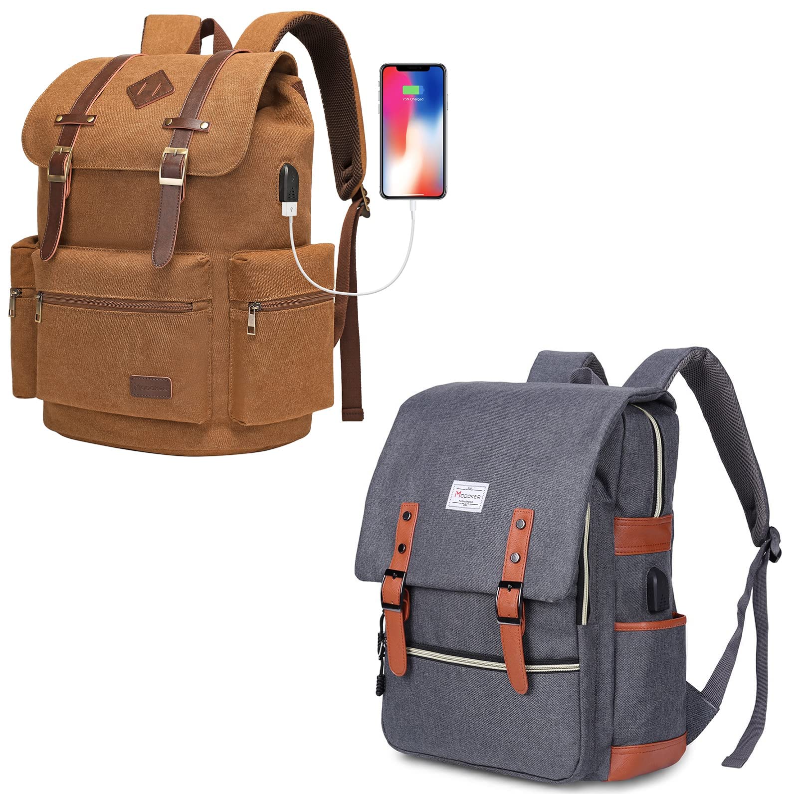 Vintage Canvas Laptop Backpack for Women & Men - Large USB Charging Bookbag Rucksack | Perfect for College, Travel & Work Commute