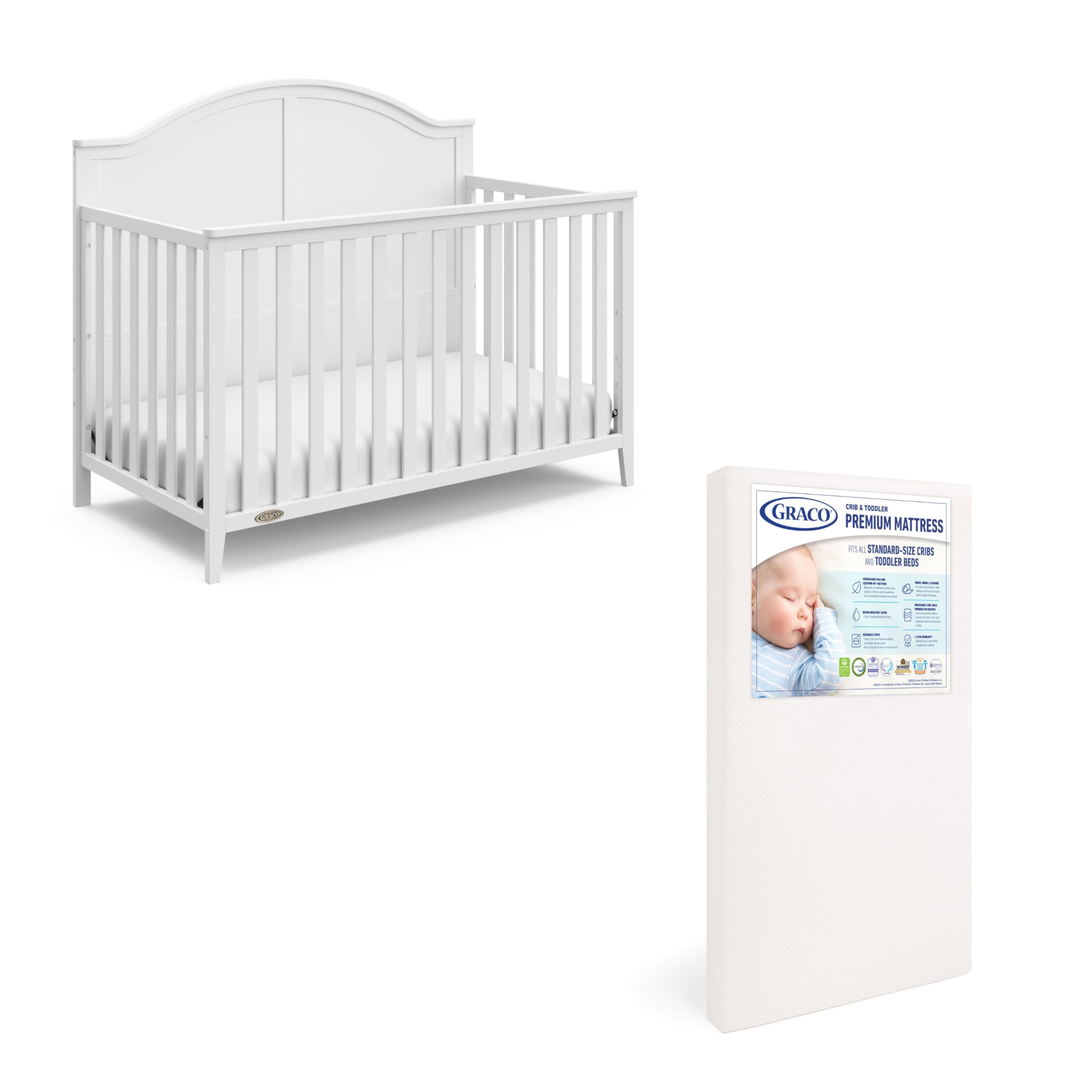 Graco Wilfred Convertible Baby Crib & Mattress Set - GREENGUARD Gold Certified White Nursery Crib with Included Mattress | Safe & Durable for Newborns & Toddlers | Perfect for Nursery, Daycare & Guest Rooms