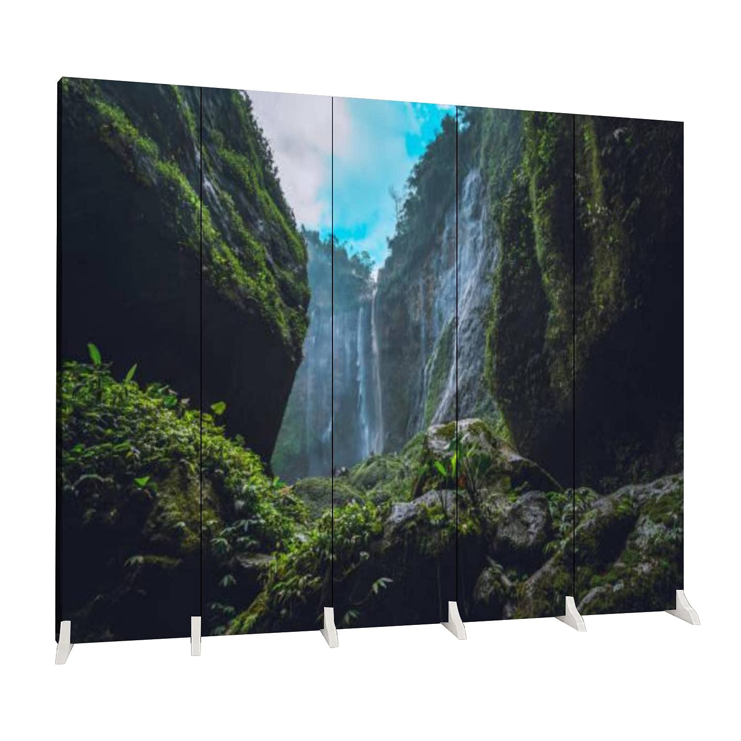5-Panel Folding Room Divider - Freestanding Canvas Privacy Screen for Indoor Use | Perfect for Home, Office, Yoga Studio & Event Space Decoration | Tumpak Sewu Waterfall Inspired Design