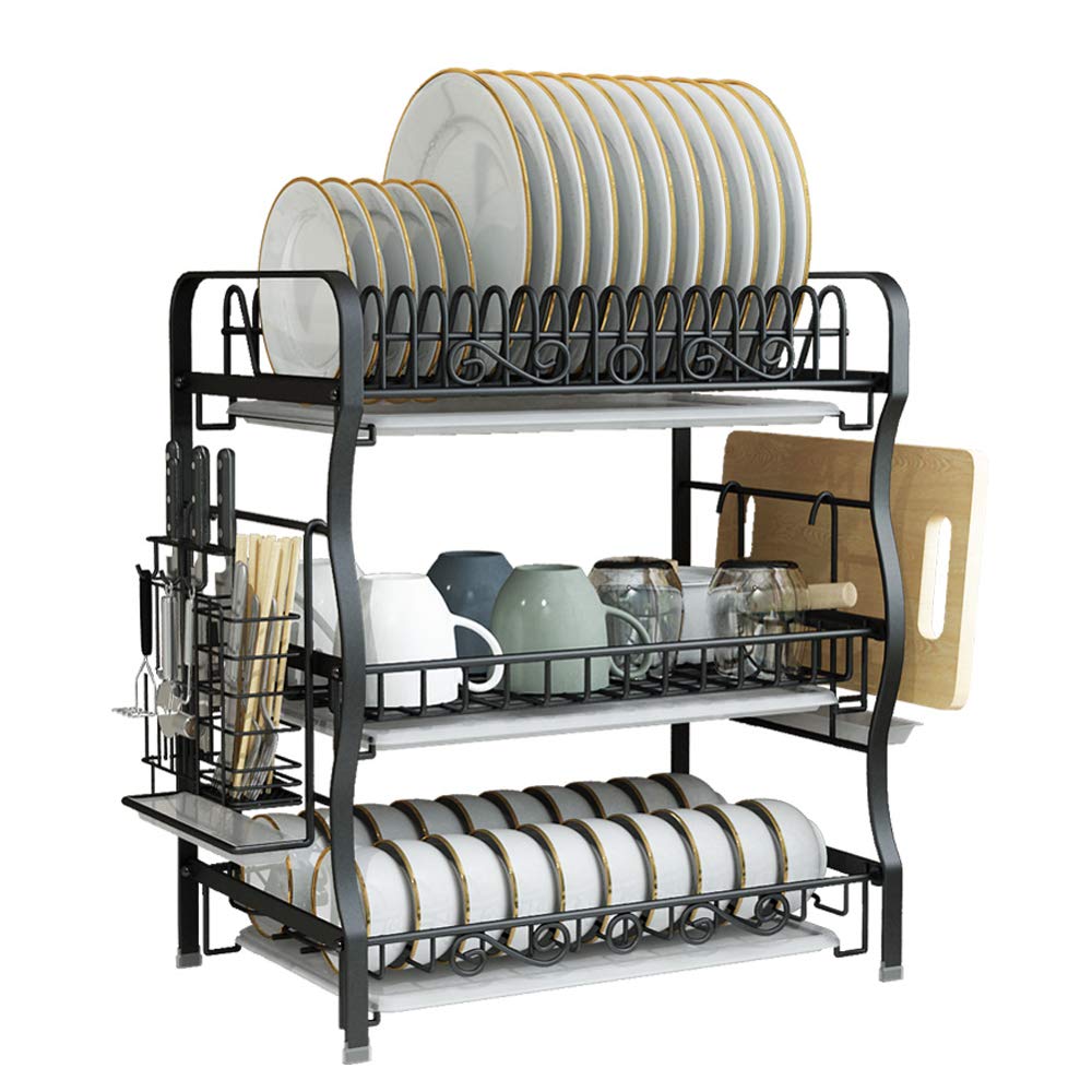 Premium 304 Stainless Steel Black Dish Drain Rack - Heavy Duty Kitchen Utensil Organizer with Knife Holder | Perfect for Countertop, Sink Side & Small Space Kitchen Organization
