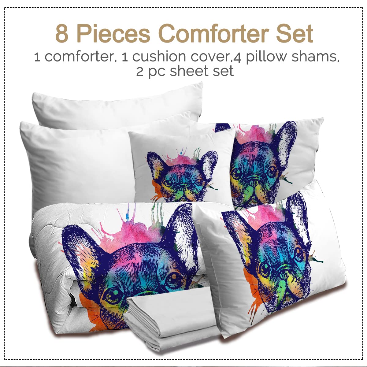 BlessLiving French Bulldog Print 8-Piece King Size Bedding Set - Comforter, Shams, Sheets & Cushion Cover | Abstract Dog Pattern Bed in A Bag | Perfect for Pet Lovers' Bedroom & Guest Room Decor