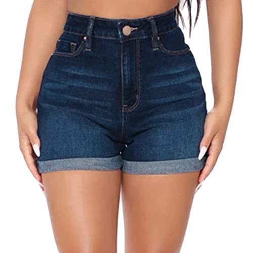 Women's Y2K Denim Shorts - Mid Waist Ripped Raw Hem Distressed Jeans Shorts for Summer | Trendy Streetwear Fashion (Dark Blue #04, XL) | Perfect for Casual Outings, Beach Trips & Music Festivals