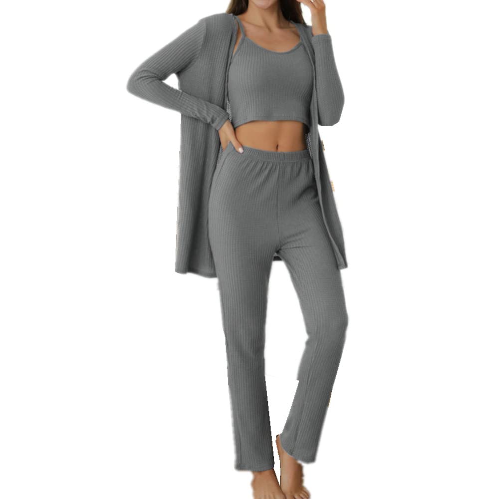 MATERUIEYES Women's Waffle Knit Pajama Set - Long Sleeve Solid Color Sleepwear, 3-Piece Comfortable Loungewear for Home, Nighttime & Relaxation