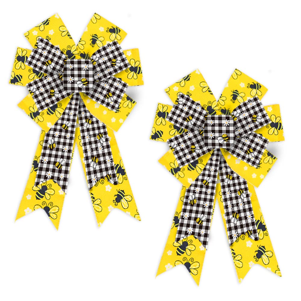 ABTOLS 2PCS Bumble Bee Wreath Bows - Black White Buffalo Plaid for Spring/Summer Door Decor