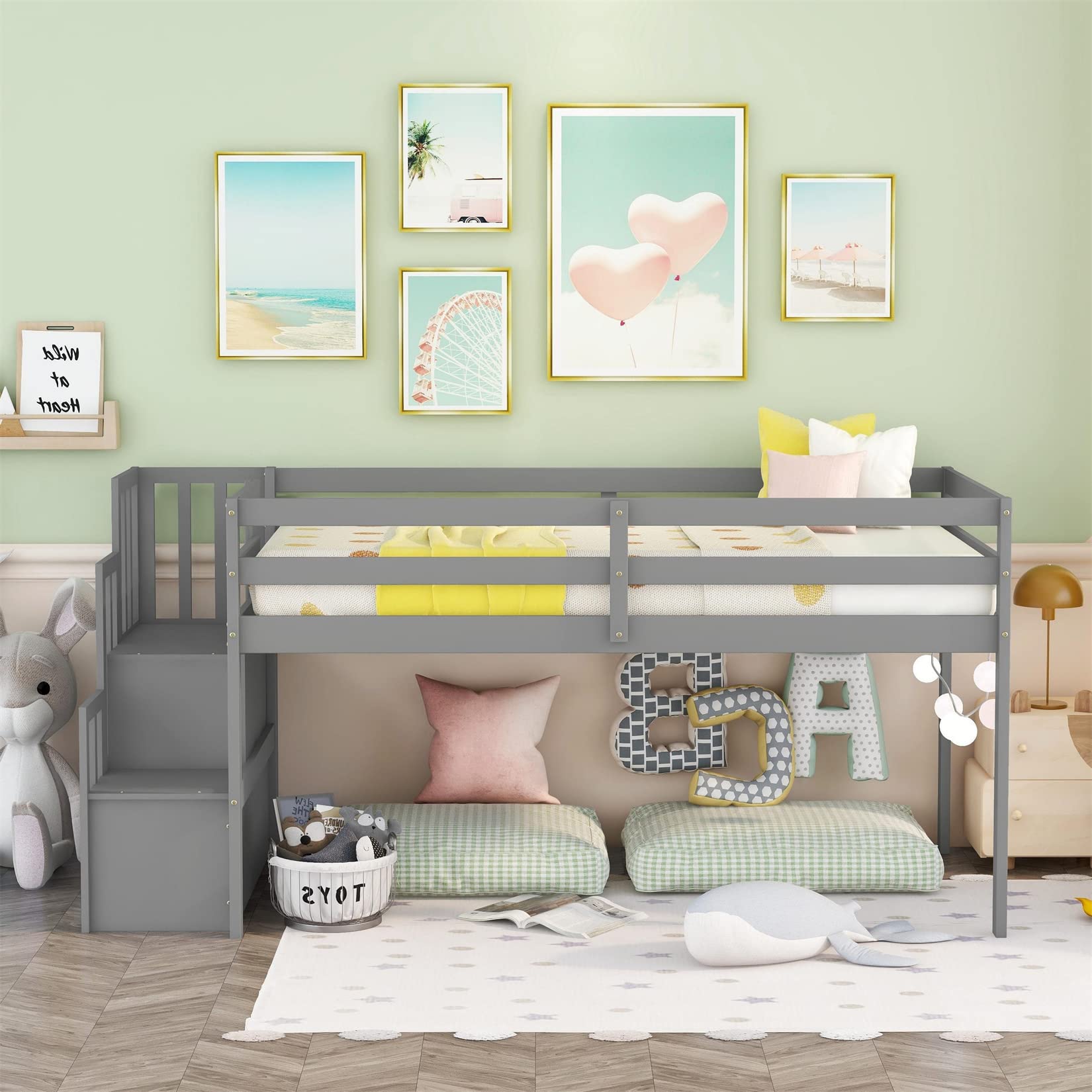Bellemave Twin Size Low Loft Bed for Kids with Storage Staircase - Sturdy Wood Loft Bed Frame for Boys, Girls & Teens (Gray) - Perfect for Small Bedrooms, Dorm Rooms & Space-Saving Kids' Rooms