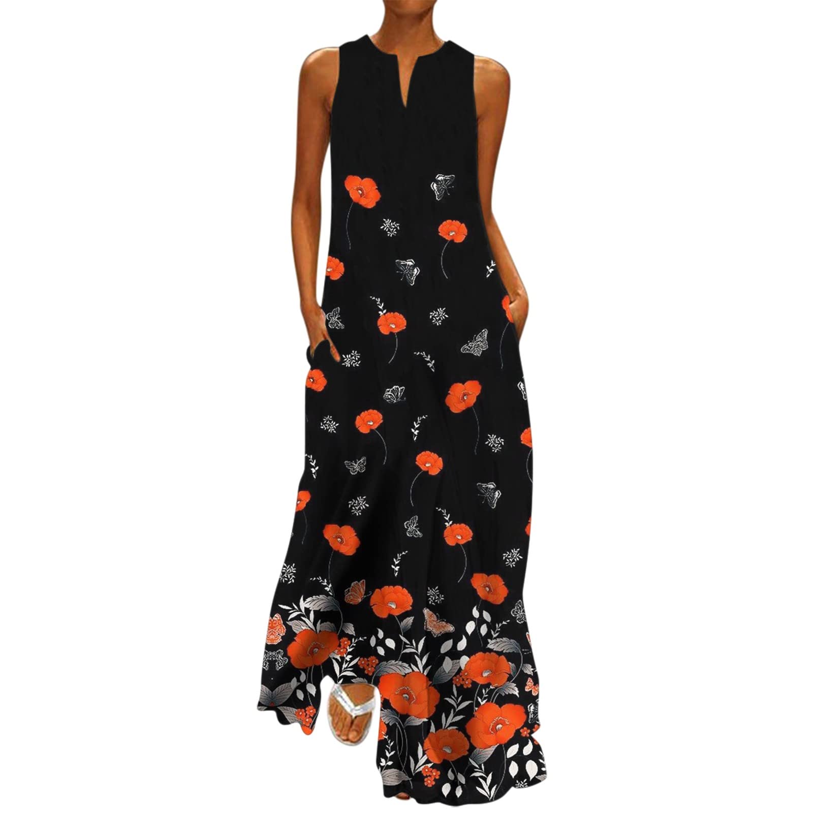 Women's Red Boho Print V-Neck Sleeveless Maxi Dress - Loose Fit Summer Beach Dress for Casual & Semi-Formal Occasions