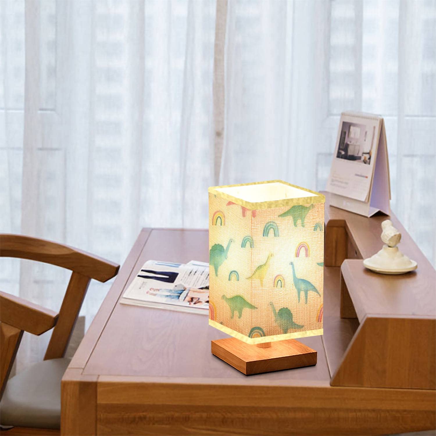 Dimmable Dinosaur Kids Nightstand Lamp - Wooden Base with Flaxen Fabric Shade, Square Bedside Table Light for Children's Room, Nursery, Bedroom & Living Room | Perfect Reading Light and Cozy Nightlight for Bedtime