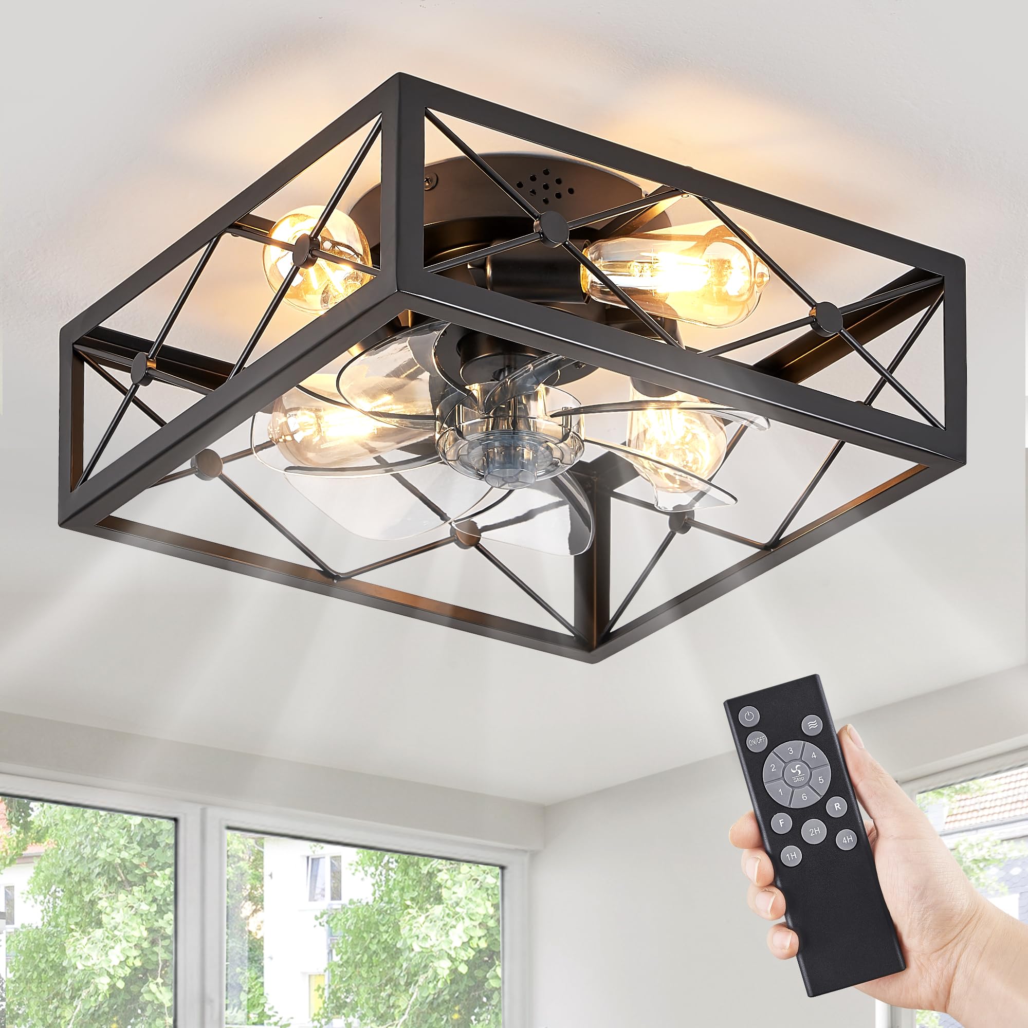 LEDIARY Black Square Caged Flush Mount Ceiling Fan with Lights and Remote - Low Profile Bladeless Design for Bedroom, Kitchen, Indoor Use - Perfect for Farmhouse, Modern and Small Spaces