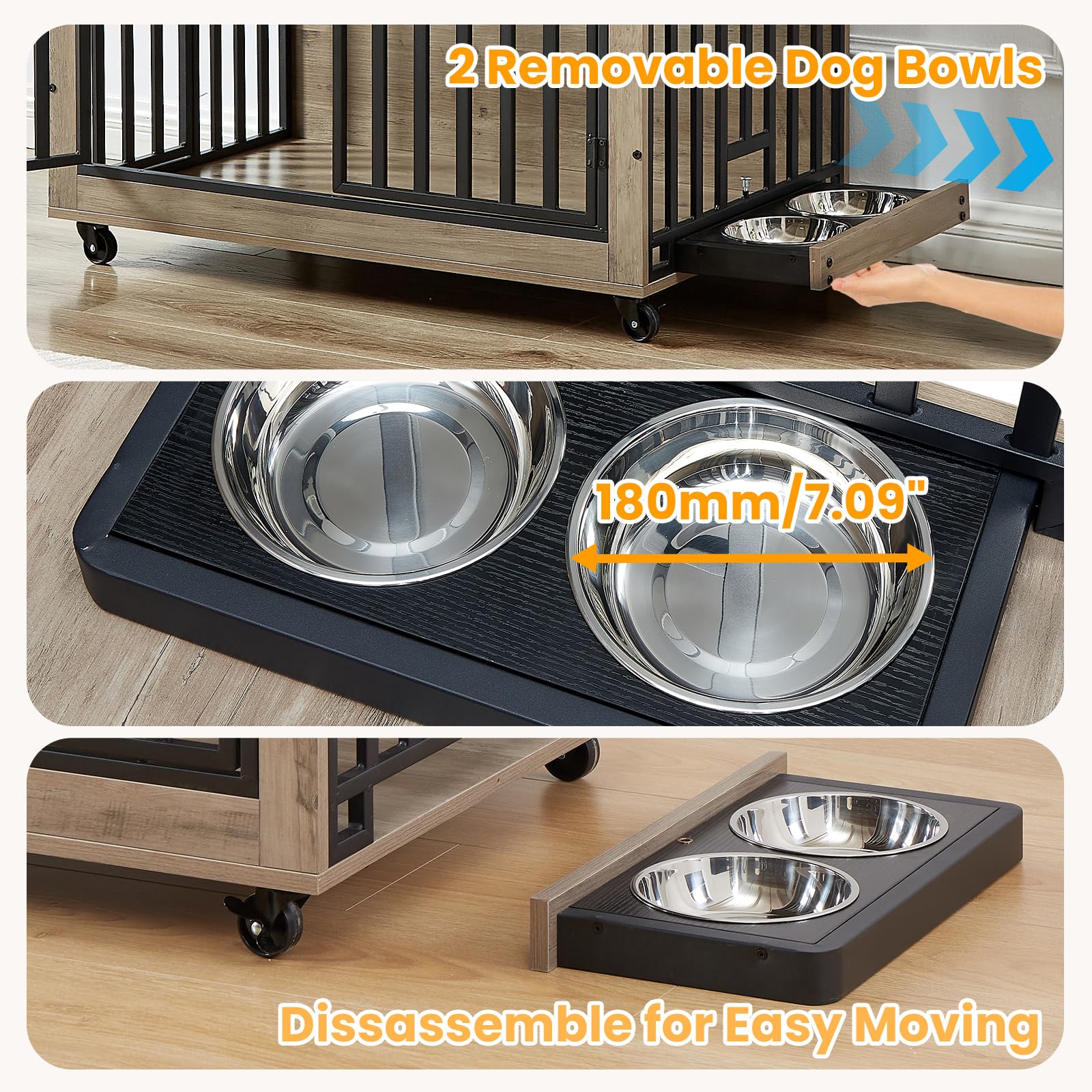 Rovibek 44 Inch Heavy Duty Dog Crate with Wheels & Removable Bowls - Indoor Kennel for Large & Medium Dogs, Flip-Up Top Opening, Grey - Perfect for Home, Travel & Vet Visits